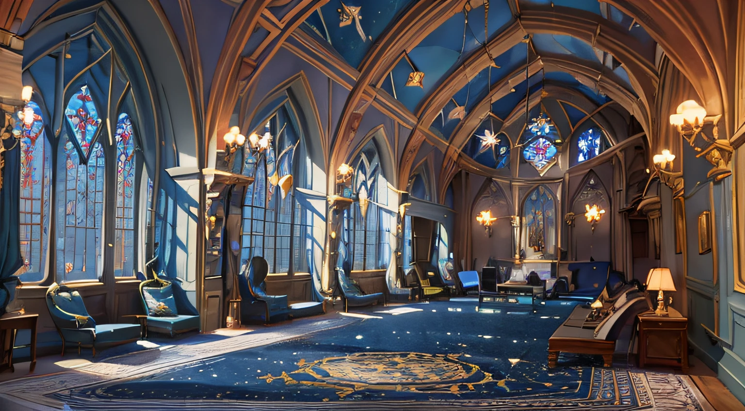 Castle towers, Harry Potter, Ravenclaw, lounges, arched windows, blue silk hanging on the walls, domed ceilings painted with stars, dark blue carpets with stars, tables, chairs, bookshelves on the floor --auto --s2