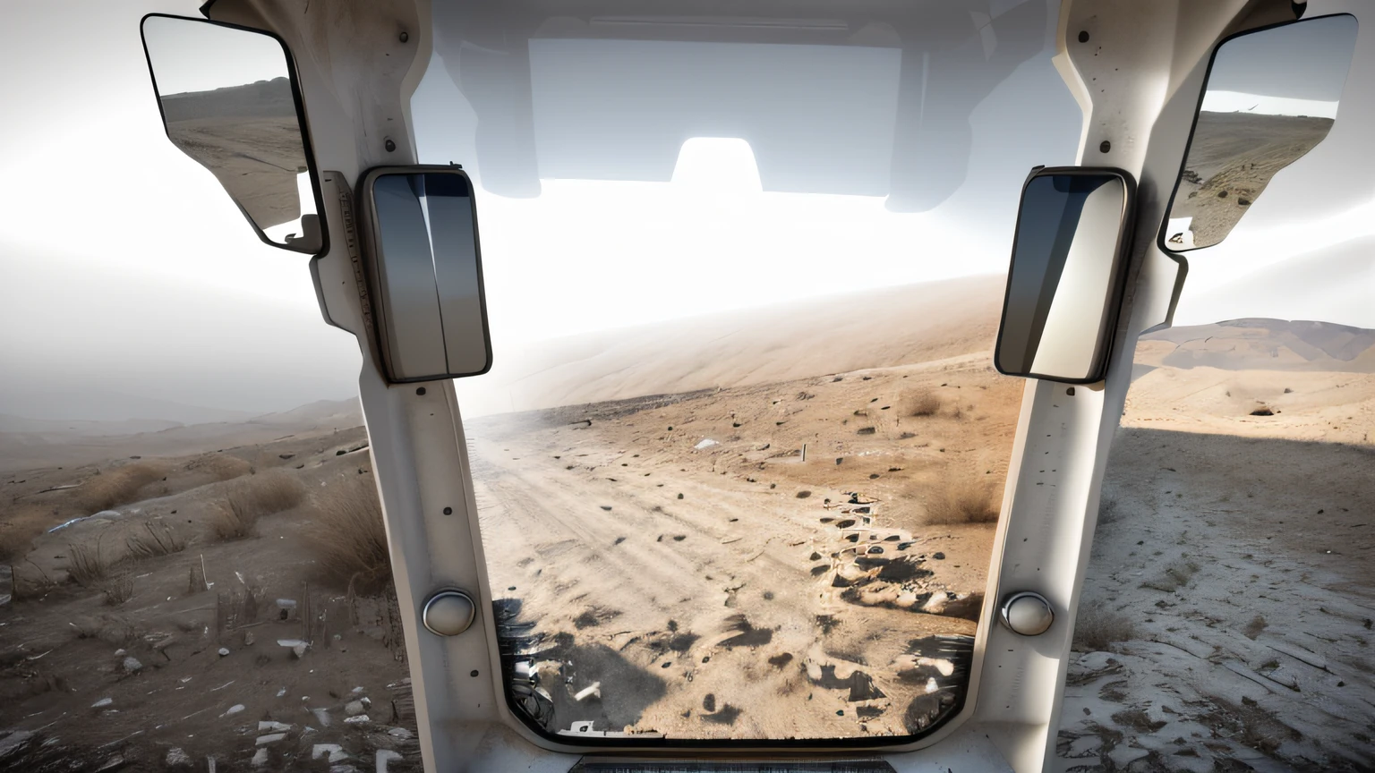 The front windshield of the bulldozer cab, there are two displays on the left and right, the skeleton of the body is white metallic paint, matte texture, the outside of the glass is gray-white cement, or a solid background, there are rearview mirrors on the left and right of the glass, the interior background, Dyson style!! Ground camera view, ambient reflection occlusion, strong ambient occlusion, ground - horizontal view, ground view, depicted as 3 D rendering, first person view, first person view, eye horizontal view, rear view, first person view view