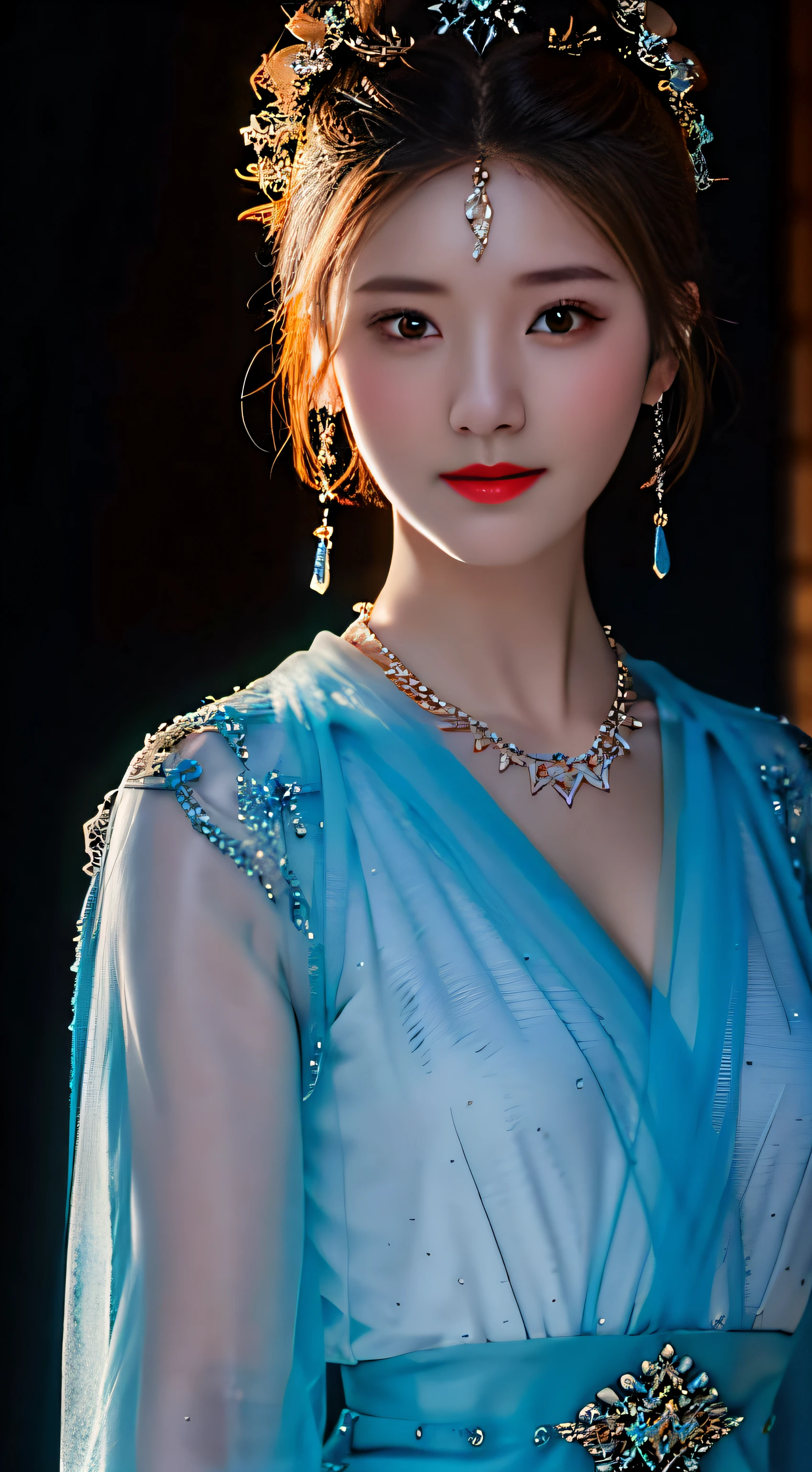 Best Quality, Masterpiece, High Resolution, 1Girl, Porcelain Dress, Hair Accessories, Necklace, Jewelry, Beautiful Face, Body, Tyndall Effect, Realism, Dark Studio, Edge Lighting, Two-tone Lighting, (High Detail Skin: 1.2), 8K UHD, DSLR, Soft Light, High Quality, Volumetric Light, Voyeur, Photo, High Resolution, 4K, 8K, Background Blur, Blonde, Big Boobs, Cleavage, Upturned As, Small Panties