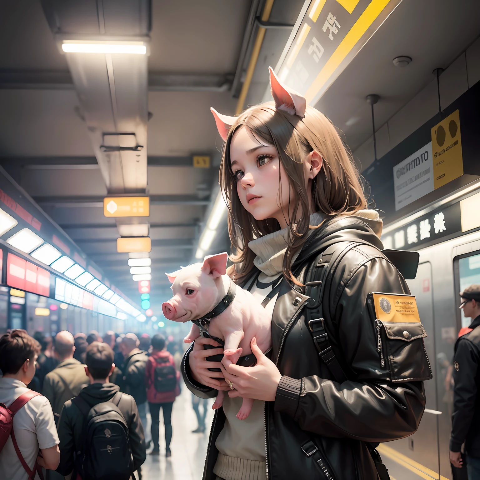 /imagine prompt: photography of A girl with a pig's head, carrying a backpack and holding a search notice. The photo on the notice shows a dog standing in the subway crowd, with the focus on the girl ,Subway Station::3, Human body pig head::5, Golden ratio::3, Full Length Shot::10, Unreal Engine::15, Dramatic light::14, Raking light::11, Dramatic::16, Ultra-realistic::10, Neon city::17, Steampunk::8, Kung Fu::5, Postmodern Photography::2 --seed 25624 --s 500 --q 2 --c 10 --v 5.1 --auto --s2