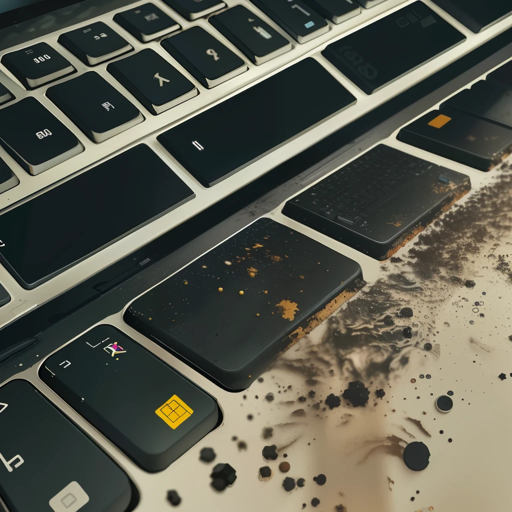 a close up of a computer keyboard with a lot of dust on it, keyboards, technological anguish, exploitable image, keyboard, technological, mechanical keyboard, long lost technology, covered with dust tar. dslr, covered with tar. dslr, gritty tech, accurate depiction, technologies, made of tar, digital matte, defunct technology, digital media