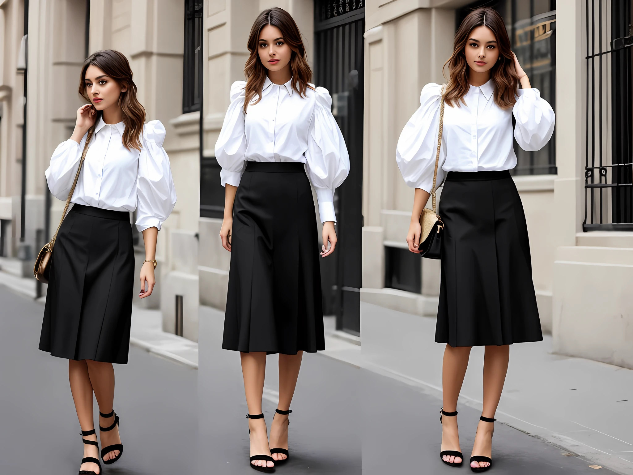 Narrow-shouldered European woman wears puff sleeve shirt and black skirt with sandals