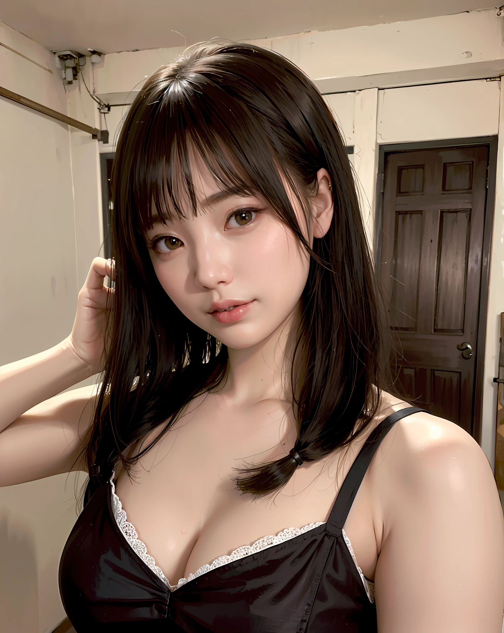 ((Best quality, 8k, Masterpiece :1.3)), 1girl, Pretty woman with emphasizing slender abs :1.3, (random hairstyles, Huge breasts :1.2), Casual outfit :1.2, Indoor, Ultra-detailed face, Detailed eyes, Double eyelid