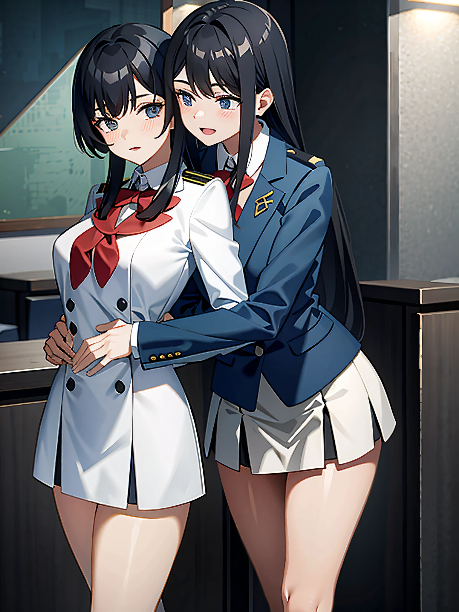 2 women in sexy white school uniform, hugging each other from behind,