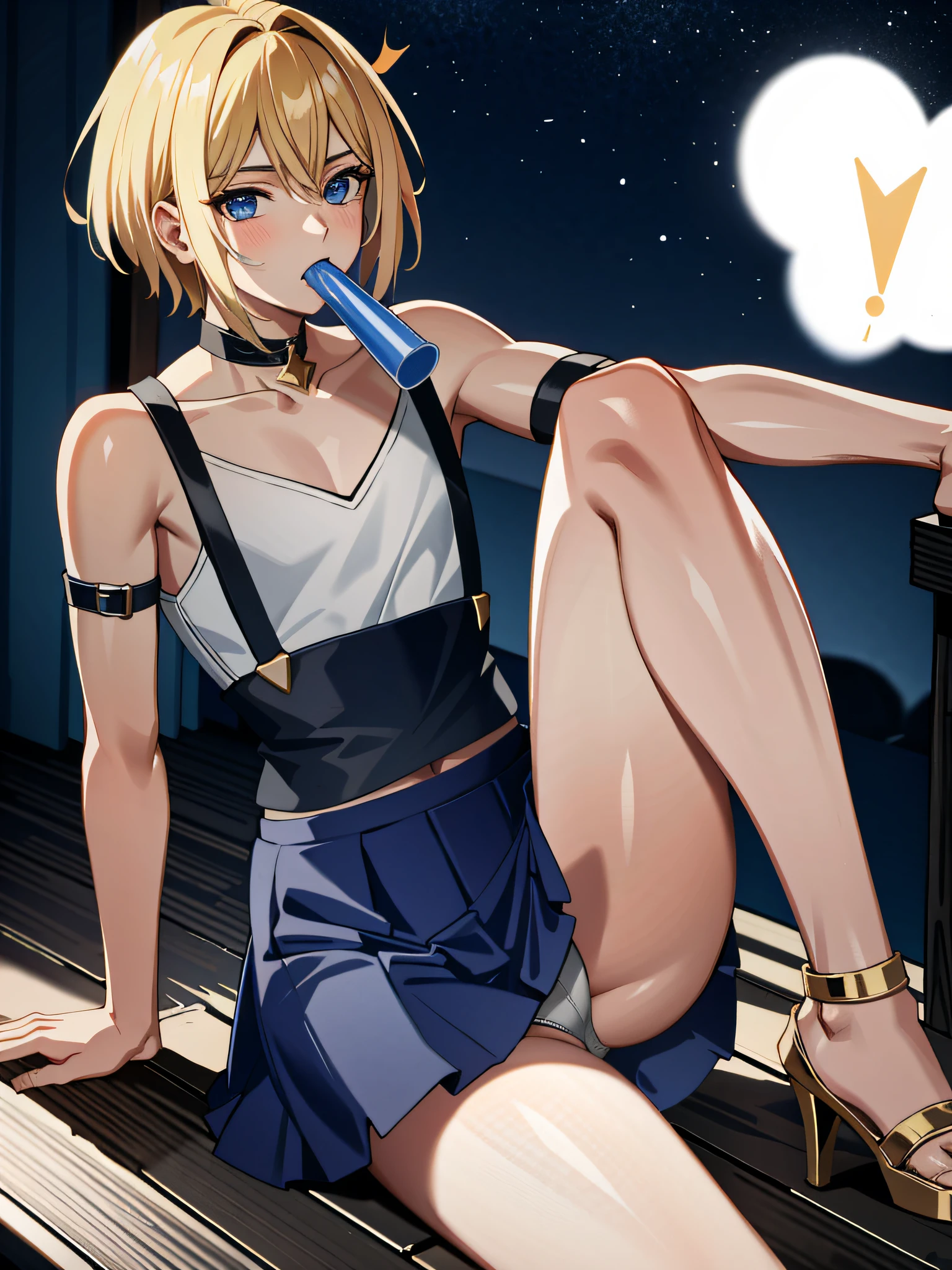 (FF xxii), 1man, effeminate, Vaan wearing skirt and sucking on a plastic cone, showing the volume in her panties