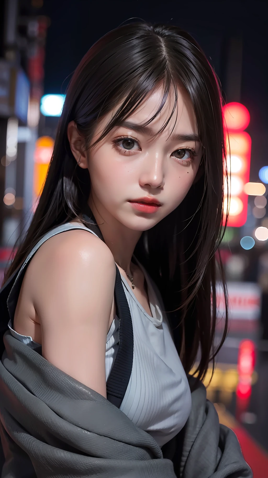 1girl, Tokyo street,night, cityscape,city lights, upper body,close-up, 8k, RAW photo, best quality, masterpiece,realistic, photo-realistic,