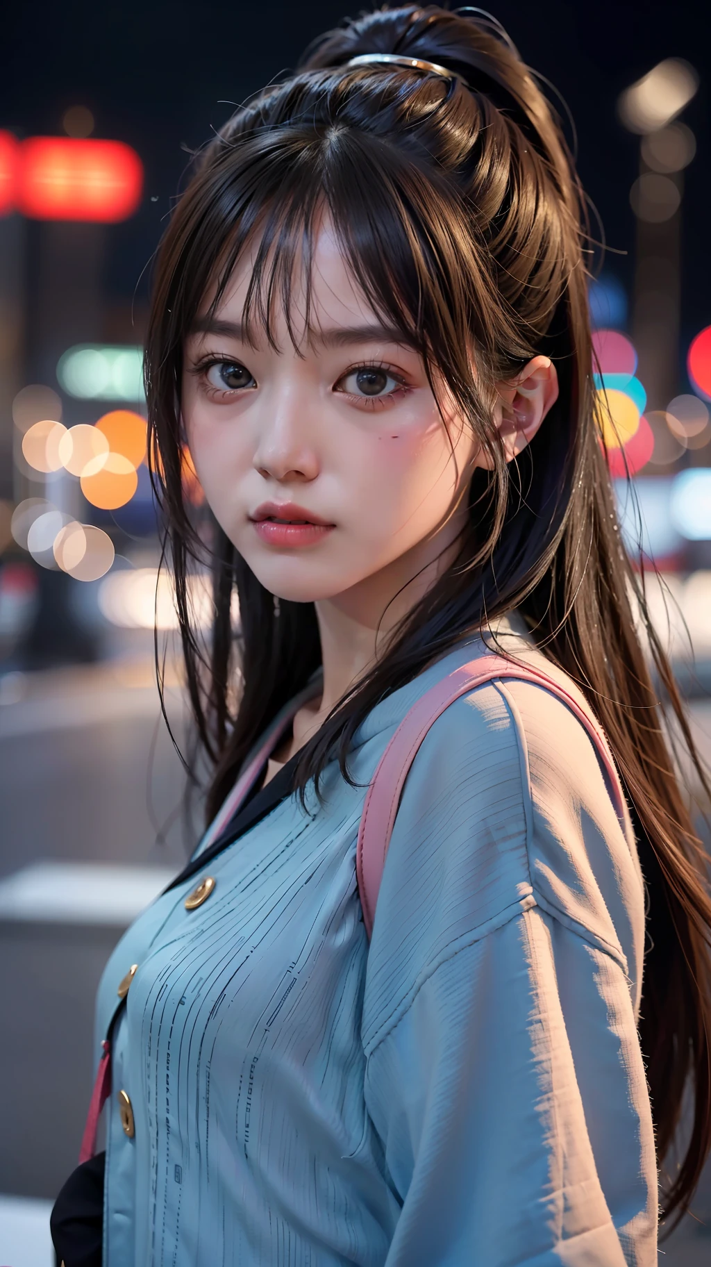 1girl, Tokyo street,night, cityscape,city lights, upper body,close-up, 8k, RAW photo, best quality, masterpiece,realistic, photo-realistic,
