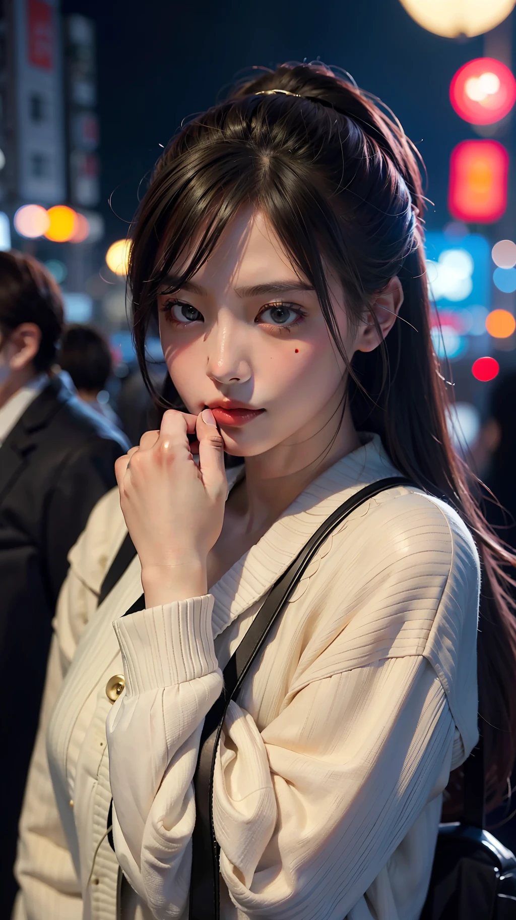 1girl, Tokyo street,night, cityscape,city lights, upper body,close-up, 8k, RAW photo, best quality, masterpiece,realistic, photo-realistic,