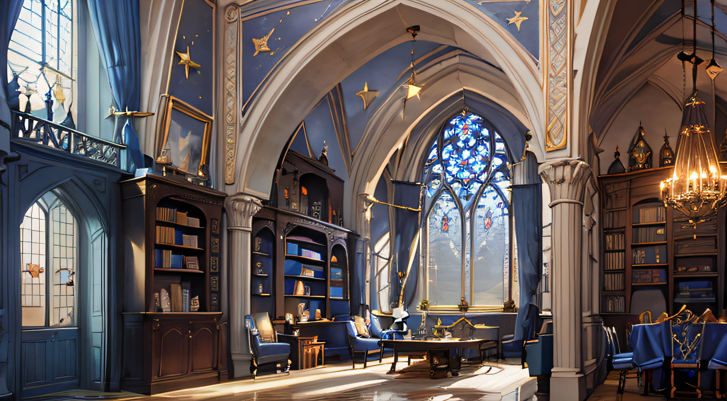 Castle towers, Harry Potter, Ravenclaw, lounges, arched windows, blue silk hanging on the walls, domed ceilings painted with stars, dark blue carpets with stars, tables, chairs, bookshelves on the floor --auto --s2