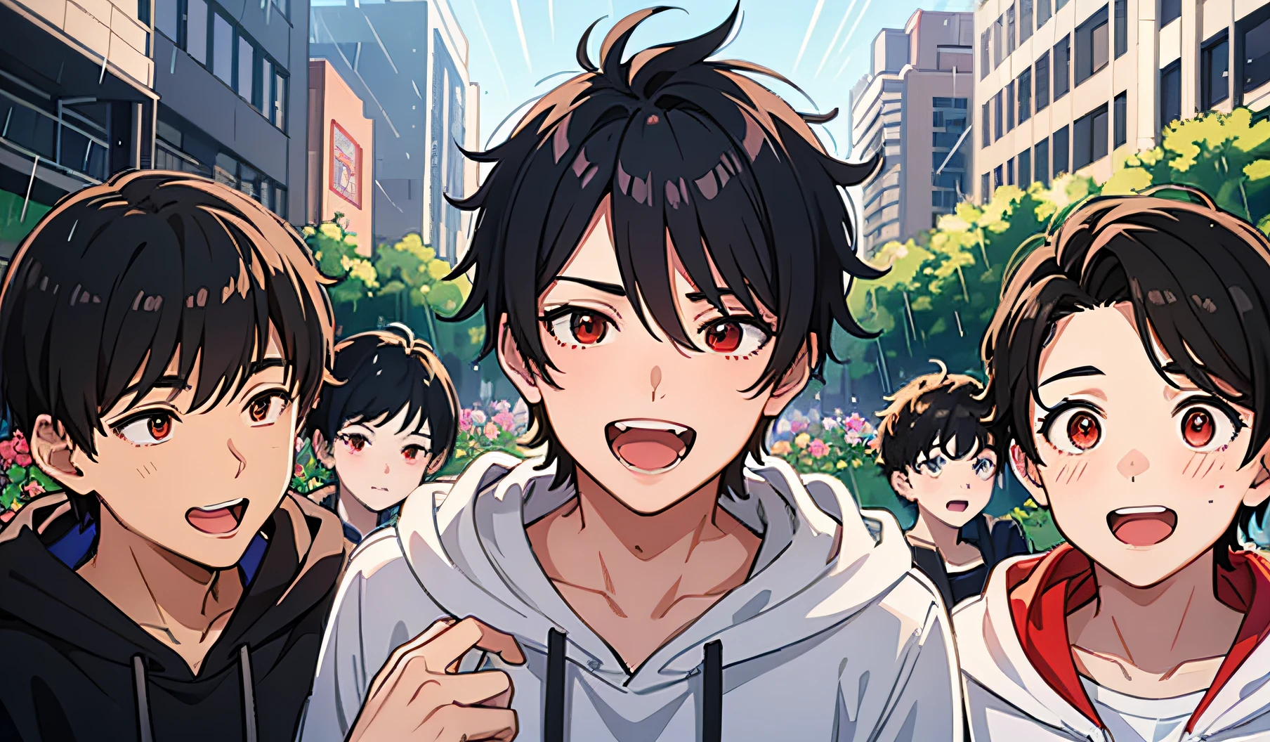 (), (laughing wildly) on the playground on campus, surrounded by flowers, raining, many people, handsome boy, black hair, comma hair, comma forehead hair, Korean hair, street style, hoodie, bright, red eyes, looking at the system screen, upper body