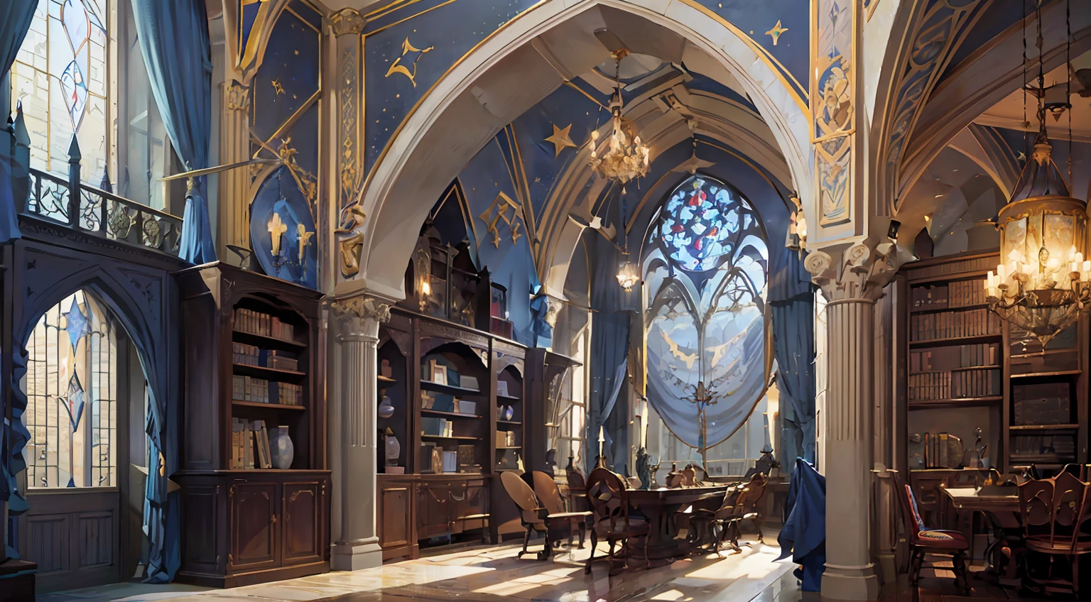Castle towers, Harry Potter, Ravenclaw, lounges, arched windows, blue silk hanging on the walls, domed ceilings painted with stars, dark blue carpets with stars, tables, chairs, bookshelves on the floor --auto --s2