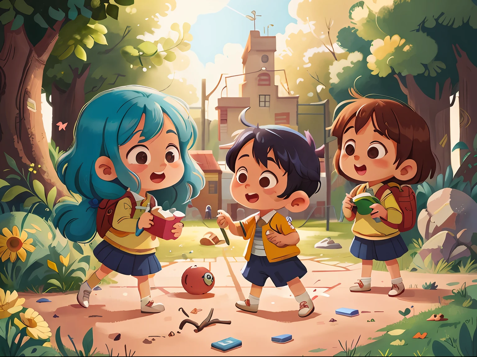 On the school playground, happy children play games, their hair dyed blue hair. The details of the picture are intricate, highly restored to the skin texture of the characters, using the Surrealism style, Fujicolor color enhancement, Tachi-e style white space to create the atmosphere of the picture, and the carefully depicted projected set elements are wonderfully undulating. Modern HD 4K UHD image quality creates light and shadow changes in every detail, making it an immersive and engaging masterpiece.