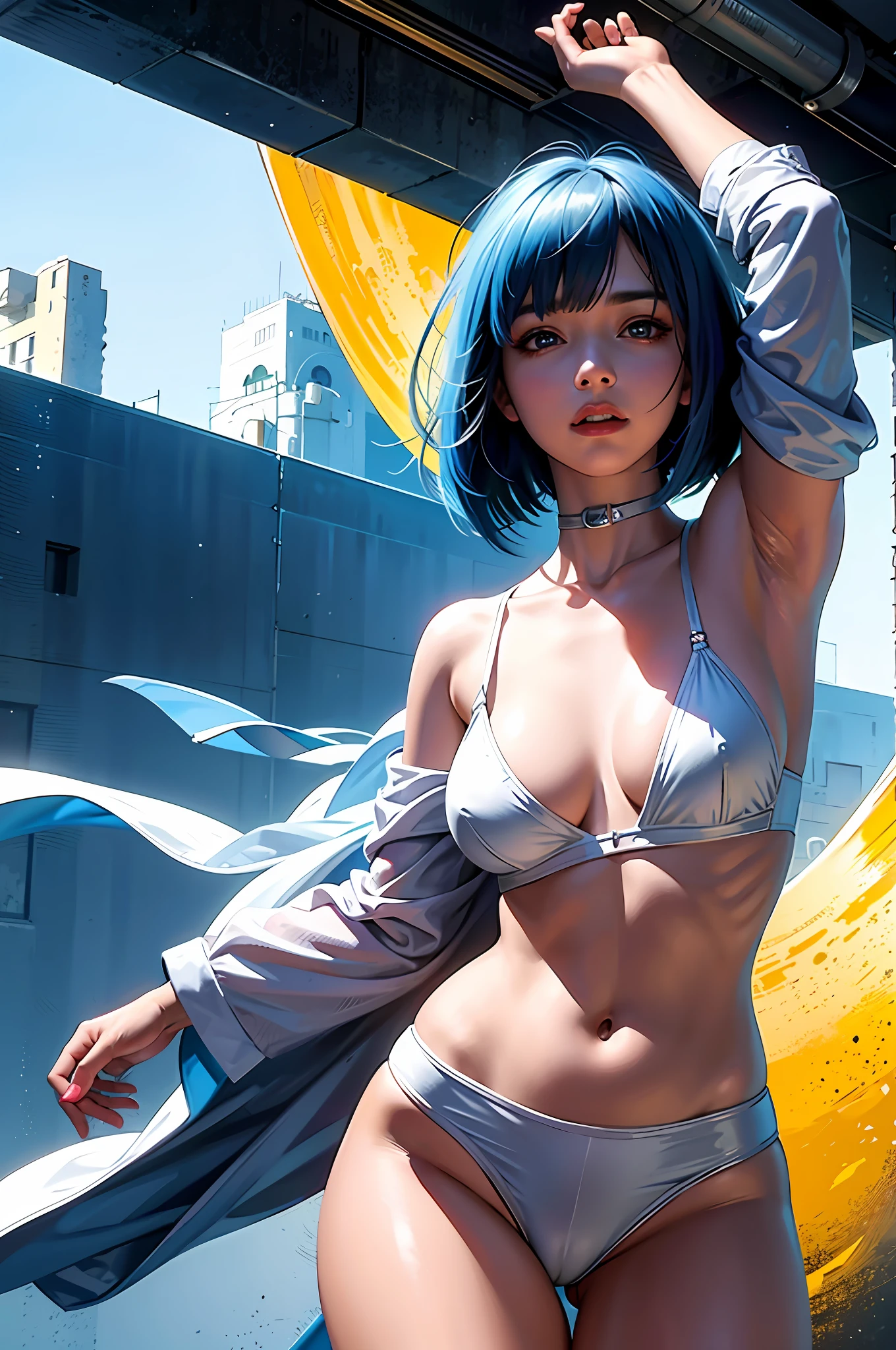 (Masterpiece), (Best Quality), Realistic, Cinematic Light, Cool Pose, Battlefield Background, Perfect Body, White Eyes, Blue Bob Cut Hair