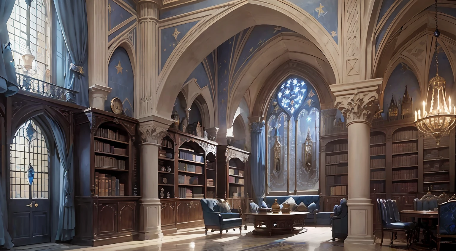 Castle towers, Harry Potter, Ravenclaw, lounges, arched windows, blue silk hanging on the walls, domed ceilings painted with stars, dark blue carpets with stars, tables, chairs, bookshelves on the floor --auto --s2