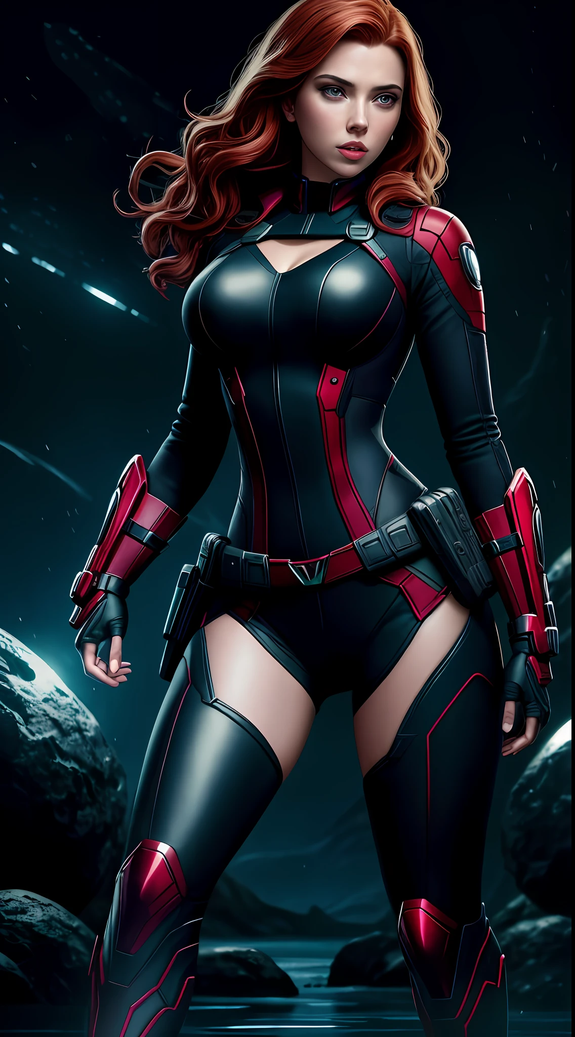 Scarlett Johansson as Natasha Romanoff from the Marvel universe, super detailed, super detailed widow costume, high-quality face study, on an alien planet, bright lighting, contrasting lighting, water, three moons in the sky, sunny day, full body, super quality for competition, (perfect body: 1.1), (short wavy hair: 1.2), whole body, random pose, beautiful pose, (extremely detailed CG 8k wallpaper),  (extremely delicate and beautiful), (masterpiece), (best quality: 1.0), (ultra high resolution: 1.0), beautiful lighting, perfect lighting, realistic shadows, [high resolution], detailed skin, super detailed (((colorful))), digital art, full body concept art, expert concept art with high detail, concept art, video game concept art, 8k