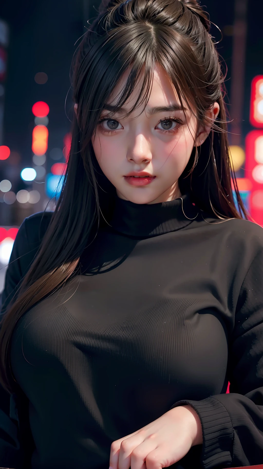 1girl, Tokyo street,night, cityscape,city lights, upper body,close-up, 8k, RAW photo, best quality, masterpiece,realistic, photo-realistic,
