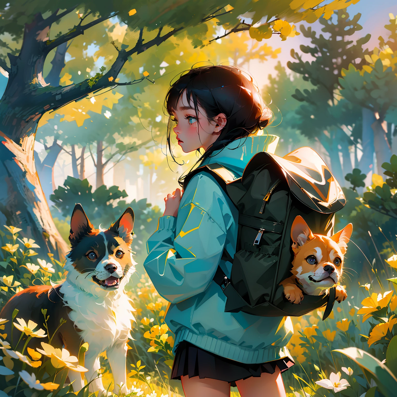 8k, with highly detailed facial features, a very charming  girl with backpack on her back with her cute little dog enjoying a cute spring outing surrounded by beautiful yellow flowers and nature. The illustration is a high-definition illustration in 4K resolution.