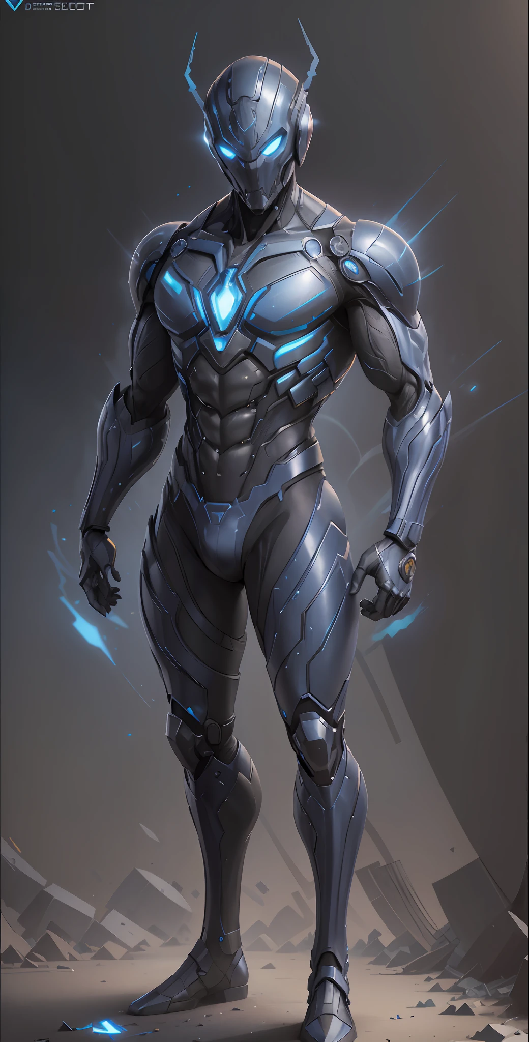 A male, solo, blue beetle, ultron, superhero, frontal, full body, looking at the camera, facing the audience, standing pose, simple background, volumetric light, detailed full body concept, smooth digital concept art, beautiful full body concept art, art standing trend, full body CGsociety,