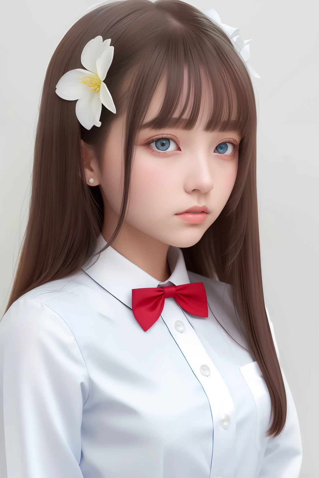 masterpiece,best quality, {beautiful detailed girl in white nurse uniform},18 yo,expressionless,palace,azure hair,disheveled hair,long bangs,hairs between eyes,(whitegrey dress:1.1),red ribbon,white bowties,midriff,big forhead,blank stare,flower,long sleeves,beautiful detailed glow,detailed lighting,(beautiful detailed eyes:1.1)