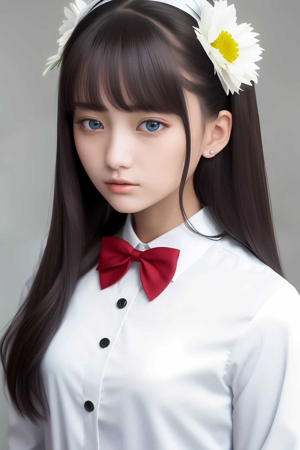 masterpiece,best quality, {beautiful detailed girl in white nurse uniform},18 yo,expressionless,palace,azure hair,disheveled hair,long bangs,hairs between eyes,(whitegrey dress:1.1),red ribbon,white bowties,midriff,big forhead,blank stare,flower,long sleeves,beautiful detailed glow,detailed lighting,(beautiful detailed eyes:1.1)