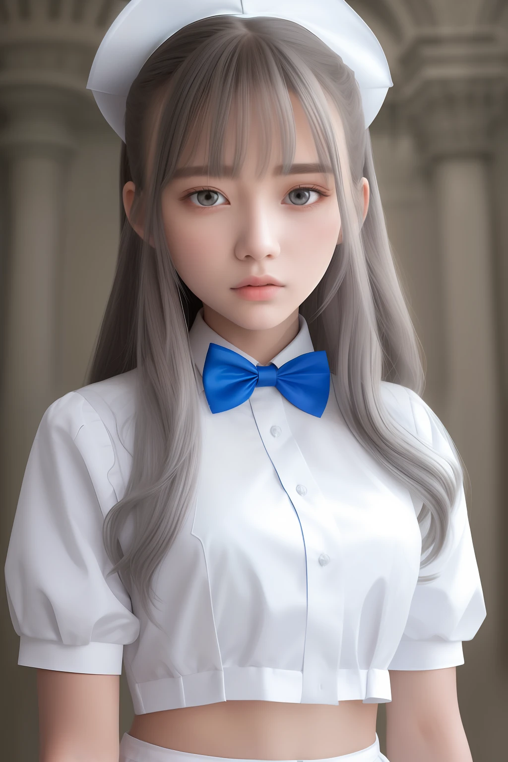 masterpiece,best quality, {beautiful detailed girl in white nurse uniform},18 yo,expressionless,palace,azure hair,disheveled hair,long bangs,hairs between eyes,(whitegrey dress:1.1),red ribbon,white bowties,midriff,big forhead,blank stare,flower,long sleeves,beautiful detailed glow,detailed lighting,(beautiful detailed eyes:1.1)