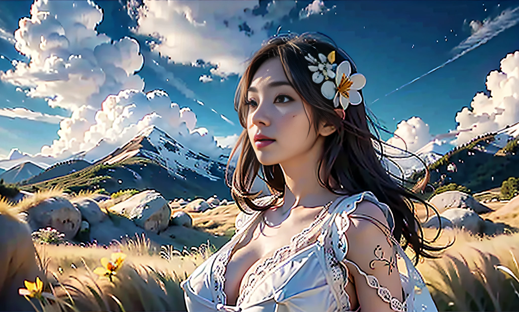 1 Girl, Dynamic Angle, Clouds and Mountains, (Flower Field: 1.4) In foreground, light tracing, (floating colorful wind: 1), (reality: 1.4), official art, Unity 8k wallpaper, ultra detailed, beautiful beauty, masterpiece, best quality, glowing skin, cinematic lighting, light smile, eye level, wide angle, panorama, first-person perspective, bust map, Verism, En plein air, surreal, white less cloth transparent lace bikini, huge breasts, buttocks, Assume lewd, slutty poses with your bare body.