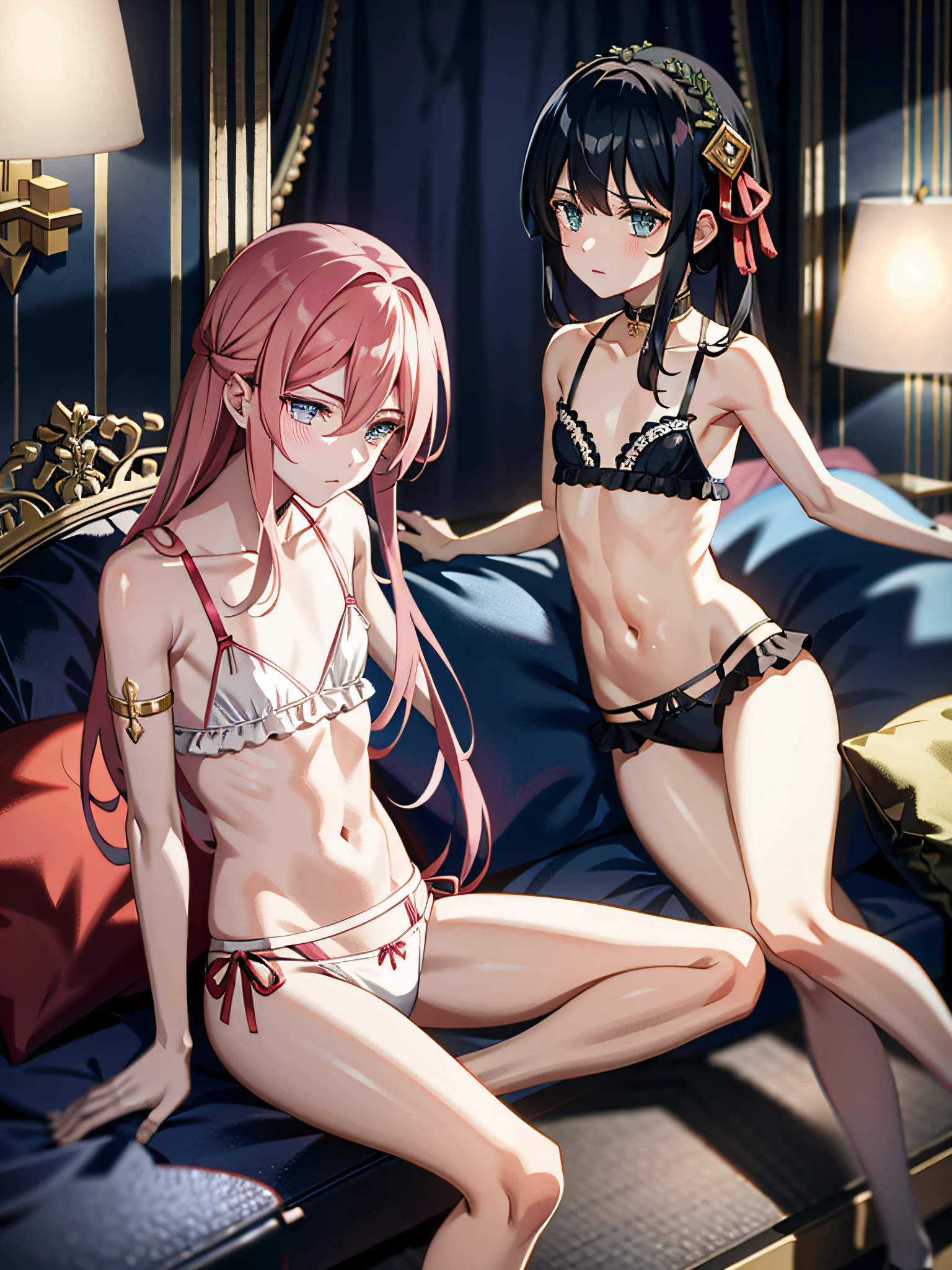 A harem full of effeminate men wearing setin lingerie, flat chest, volume on panties, cushions, Babylon