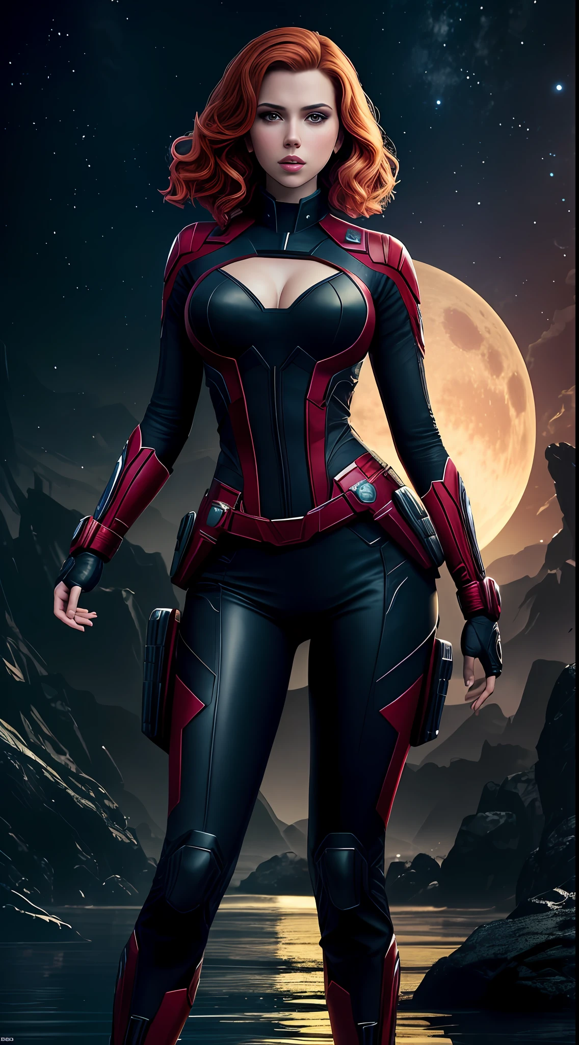 Scarlett Johansson as Natasha Romanoff from the Marvel universe, super detailed, super detailed costume, high-quality face study, on an alien planet, bright lighting, contrasting lighting, water, three moons in the sky, sunny day, full body, super quality for competition, (perfect body: 1.1), (short wavy hair: 1.2), whole body, random pose, beautiful pose, (extremely delicate and beautiful), (masterpiece), (best quality:  1.0), (Ultra High Resolution: 1.0), Beautiful Lighting, Perfect Lighting, [High Resolution], Detailed Skin, Super Detailed (((Colorful))), Digital Art, Full Body Concept Art, High Detail Expert Concept Art, Concept Art, Video Game Concept Art, 8k