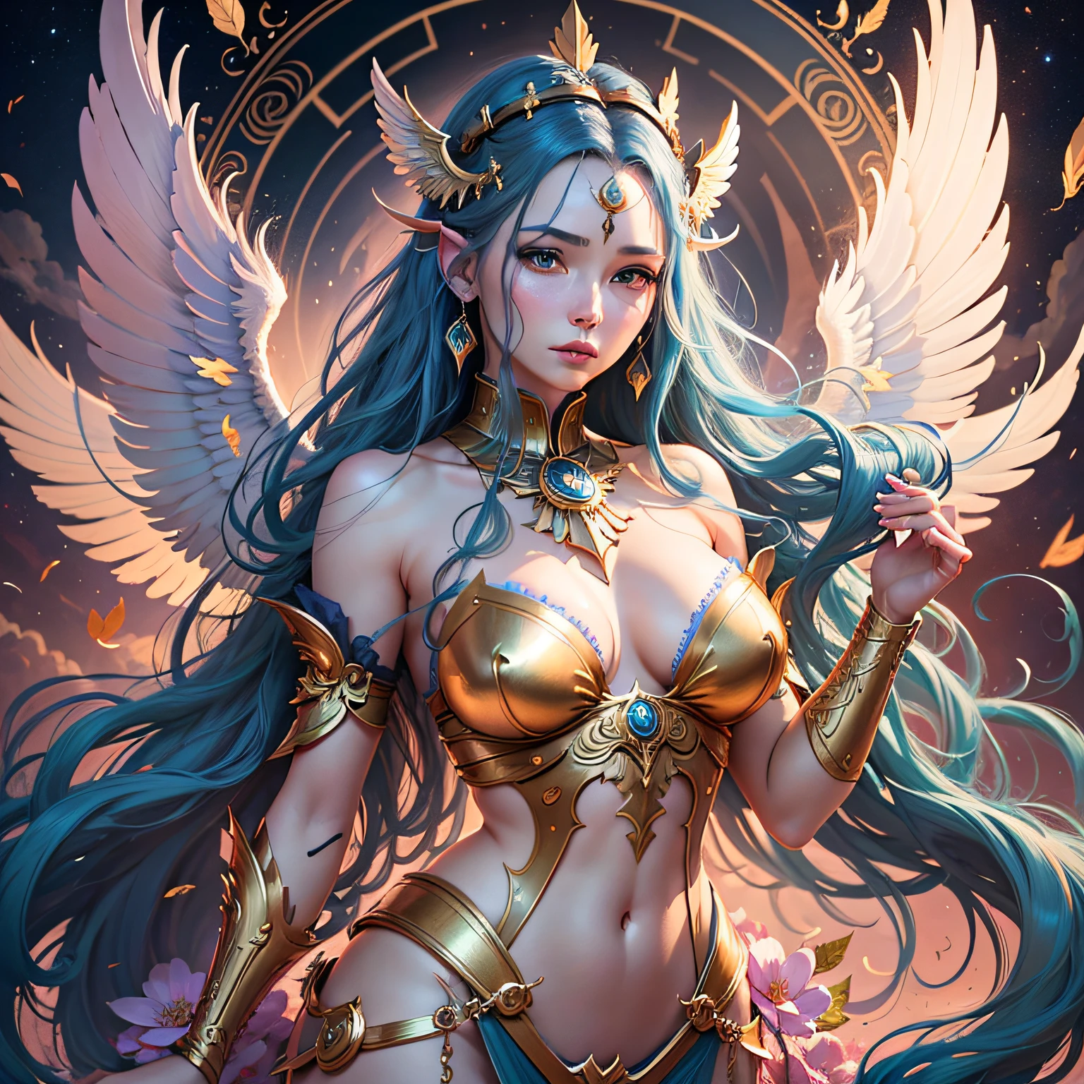 Anime goddess with blue hair and golden wings, goddess. Extremely high detail, anime goddess, 8K high quality detail art, beautiful fantasy queen, beautiful angel, 4K highly detailed digital art, ((beautiful fantasy queen)), mysterious Atlantean Valkyrie, beautiful young wind spirit, celestial goddess, James Jean Soft Light 4K, Yuri Schvedorf and Tom Bagshaw, beautiful digital artwork, Sylvain Sarrell and Igor Mosky --auto --s2