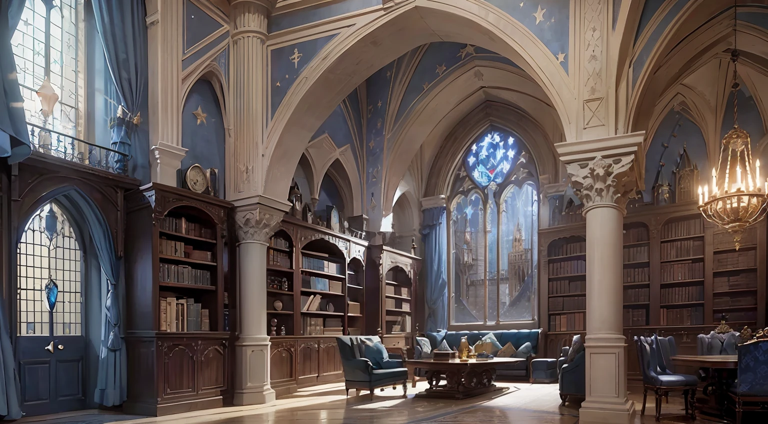 Castle tower, Harry Potter, Ravenclaw, lounge, arched windows, blue silk hanging on the walls, domed ceiling painted with stars, dark blue carpet with stars, tables, chairs on the floor, cinematic texture, 8k, bookshelves --auto --s2