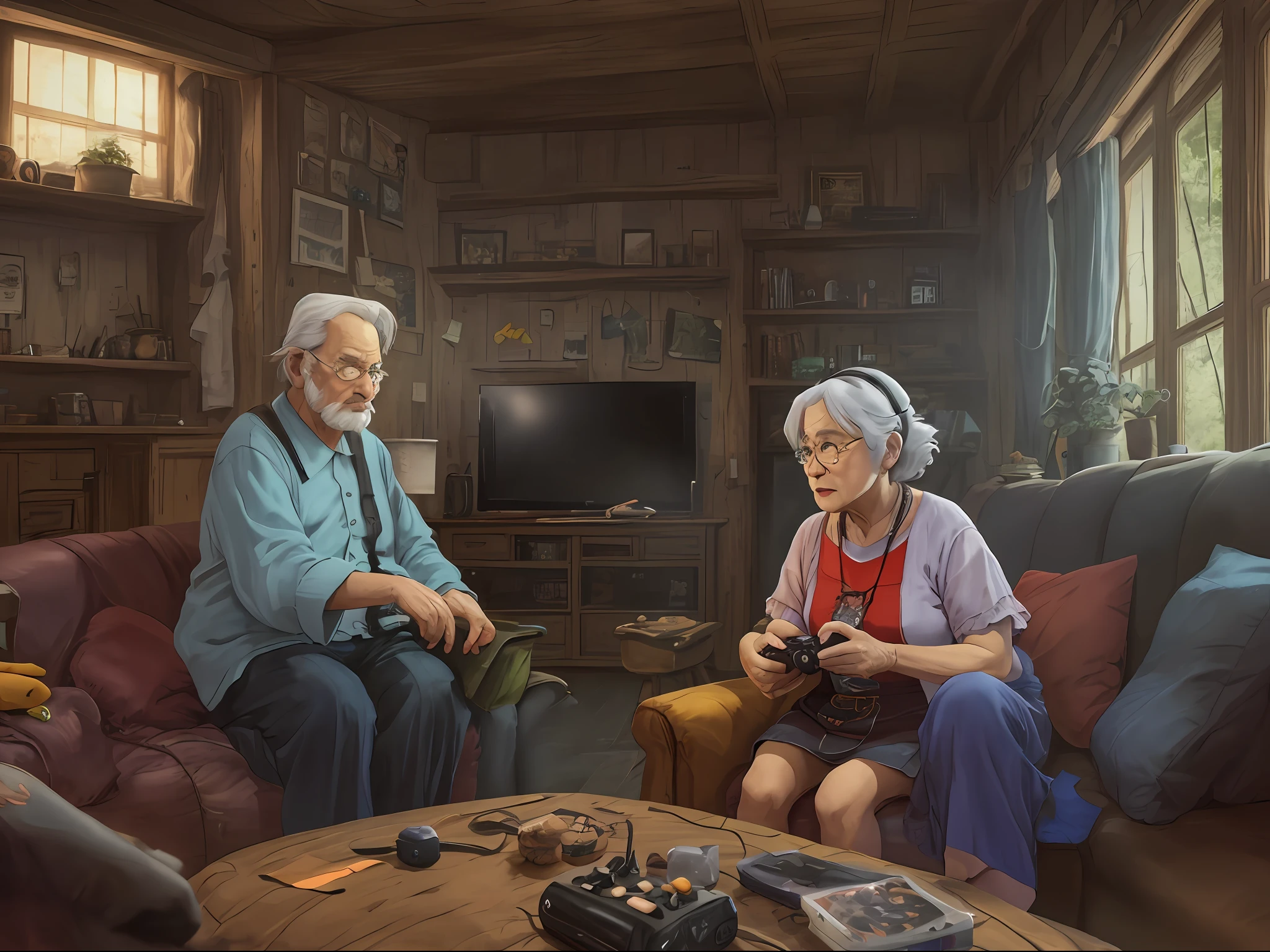 an old man, An old woman, Sitting on the sofa, Play games, Console games, Xbox, PS5, Ghibli-like colours, Pixar, masterpiece, UHD