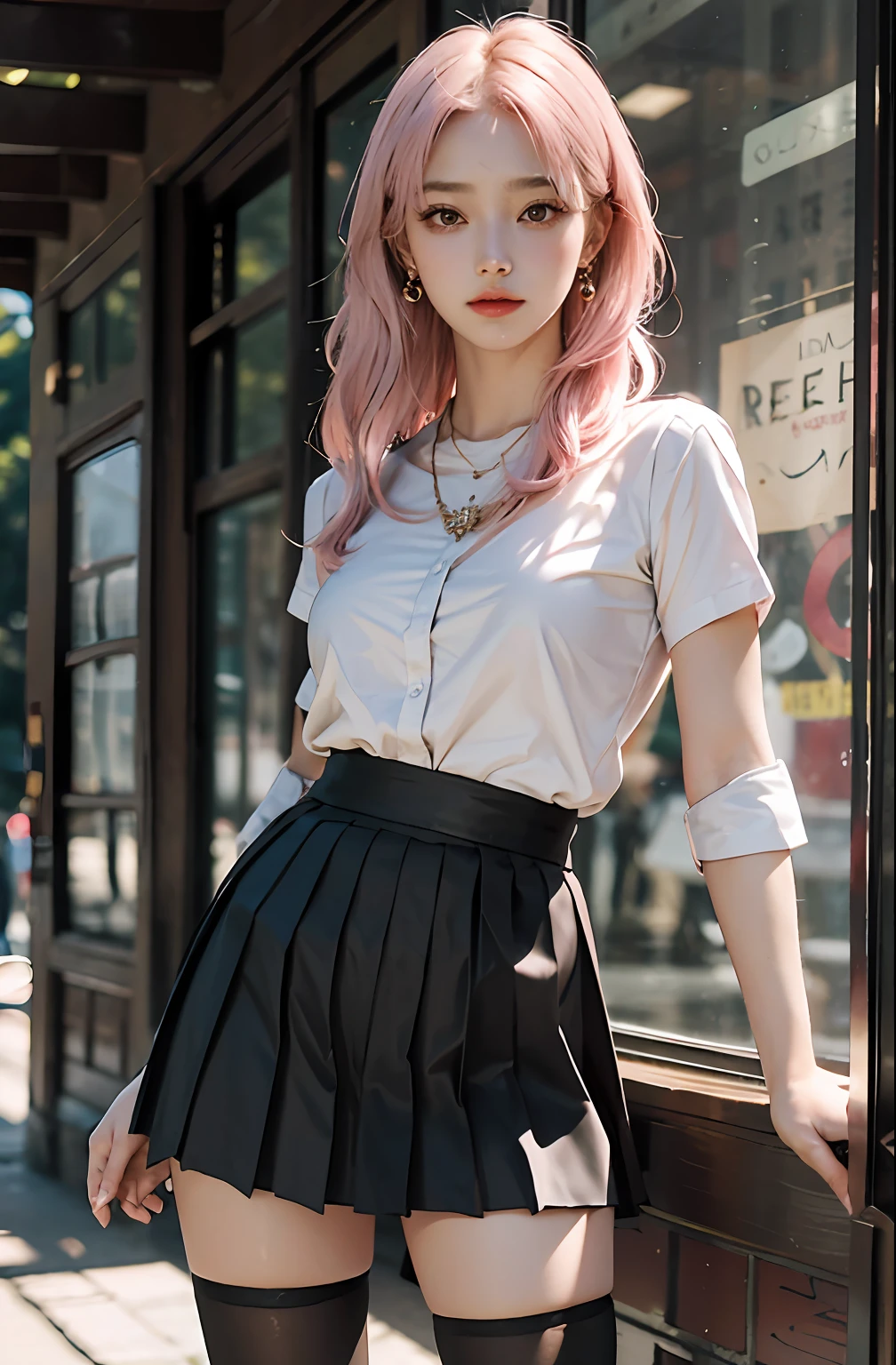 Masterpiece, 1 girl, waist up, faint smile, shiny skin, best quality, masterpiece, (realistic: 1.4), school uniform, pleated skirt, black stockings, background blur, (large aperture: 1.2), pink hair, necklace, earrings