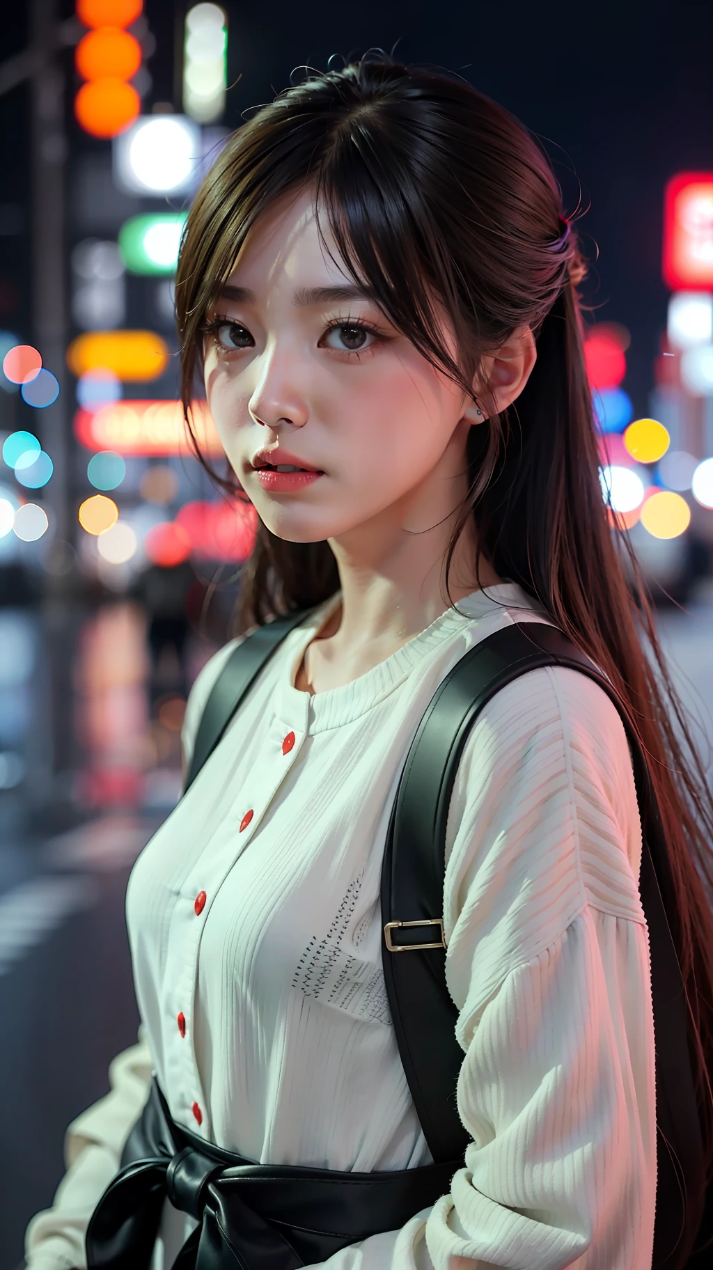 1girl, Tokyo street,night, cityscape,city lights, upper body,close-up, 8k, RAW photo, best quality, masterpiece,realistic, photo-realistic,