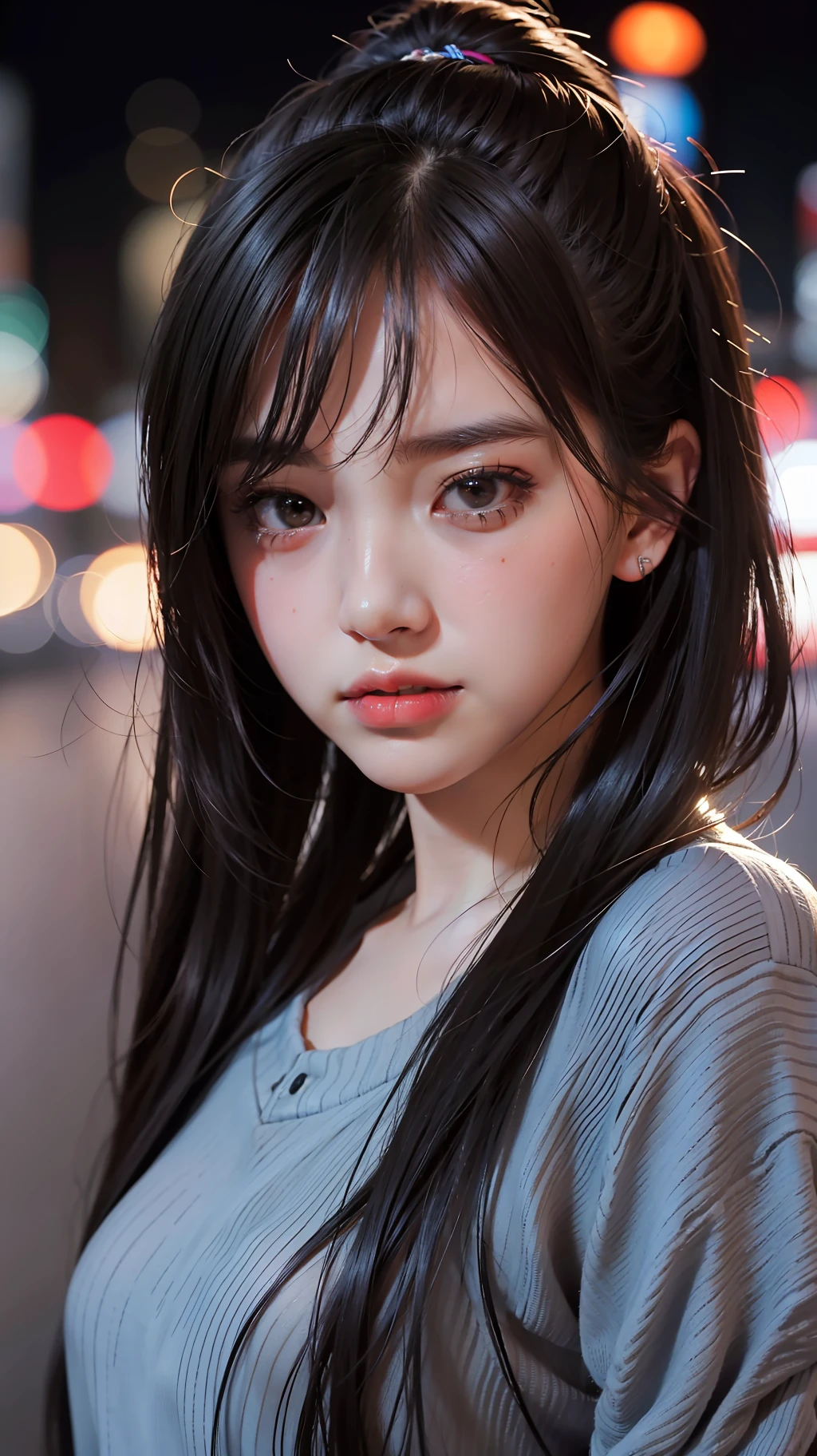 1girl, Tokyo street,night, cityscape,city lights, upper body,close-up, 8k, RAW photo, best quality, masterpiece,realistic, photo-realistic,