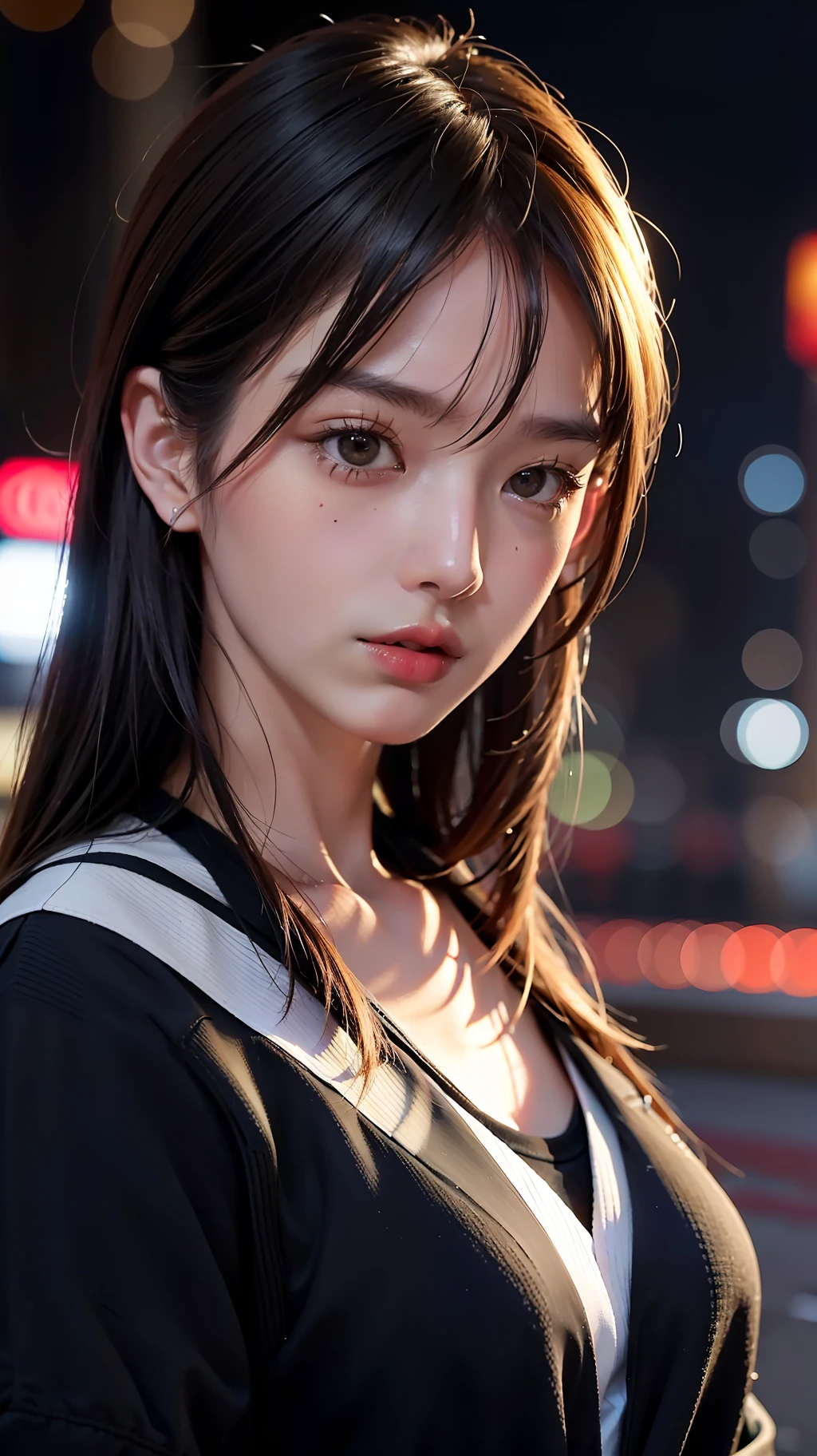 1girl, Tokyo street,night, cityscape,city lights, upper body,close-up, 8k, RAW photo, best quality, masterpiece,realistic, photo-realistic,