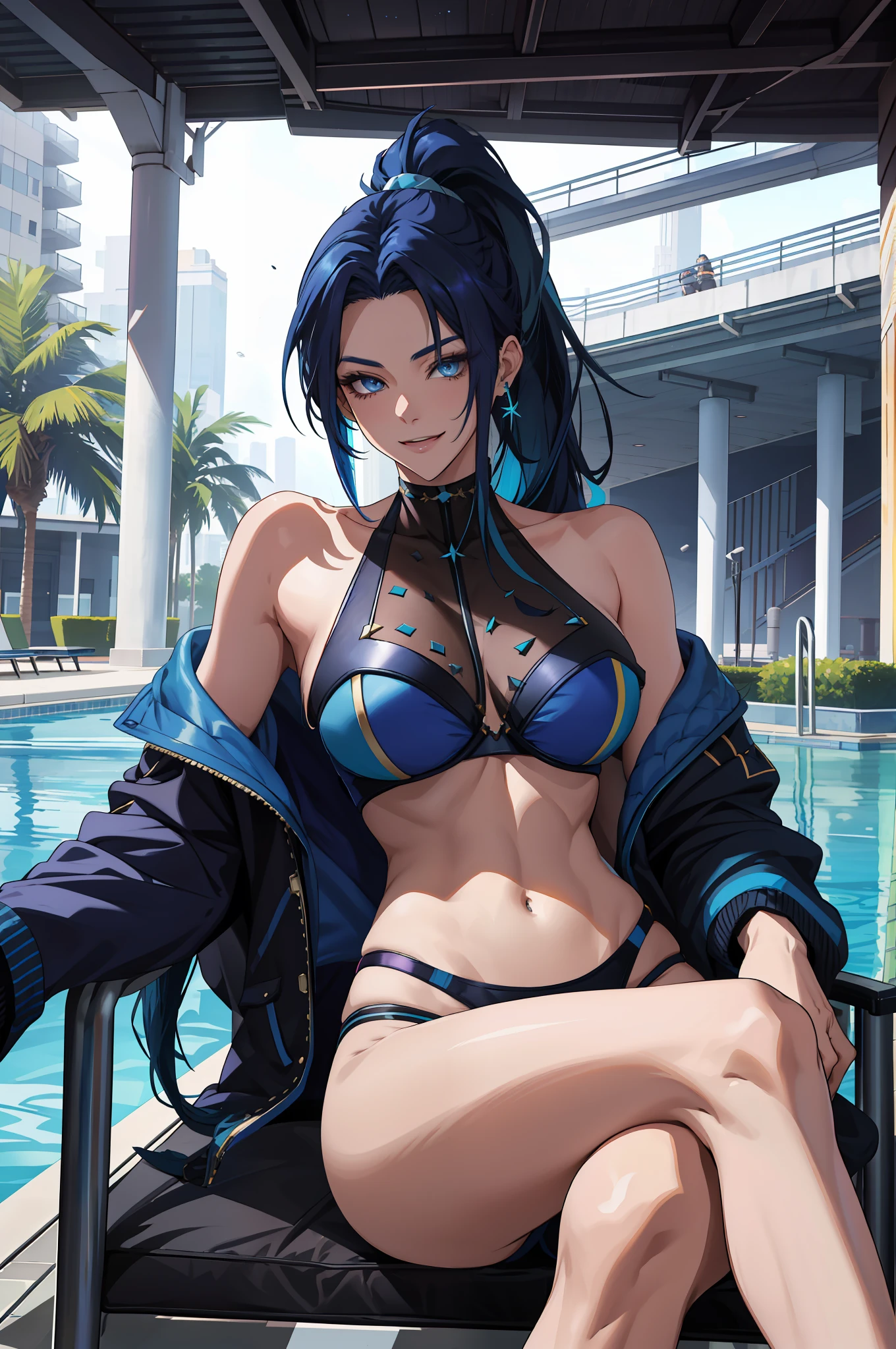 masterpiece, best quality, highres, Kai'sa1, 1girl, solo, Black-Blue hair, k/da \(league of legends\), long hair, multicolored hair, ponytail, blue eyes, two-tone hair, large breasts, poolside, micro bikini, smile, sitting, spreading legs wide, sexy pose