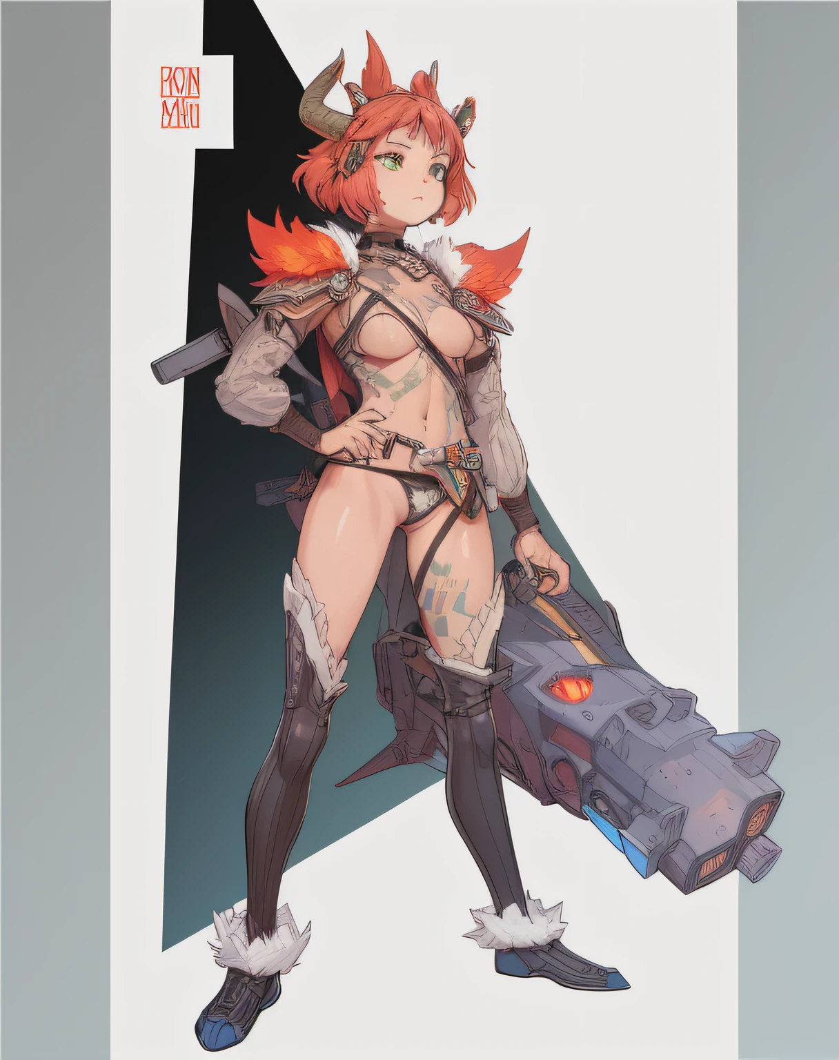 Fire horns, cyberpunk, armor in the style of Horizon Zero Dawn, Red-haired girl, fiery, green eyes, pigtails, a wreath of fire horns on her head, barbarian, a huge techno cannon in her hands, a huntress, bones on the body, insect plates, chitin, fur, small bones, light bones and red fur on the shoulders, dark leather stockings made of strips of cut leather on the legs, ropes and light bones on the body, thin panties, a small bra made of bones, bright red hair, jewelry made of horns, a fur gun. Instead of underpants, rope, bones and chitin, fur shoulder pads and with chitin, a tail of hair on the back of the head, a short haircut, a bionic cannon in the form of the mouth of a wolf, shark, dragon look up. The girl has green eyes, a playful look, a good-natured smile, a neat nose, tight panties, tight thongs, mini-underwear, leaky underwear, torn fabrics, a lot of torn fabrics, a lot of holes in fabrics, a cannon with a monster's head, a cannon barrel in the form of a monster, a flame bursts out of her mouth, a portal in a cannon. The girl has short hair, a ponytail at the back is short and looks up, fur shoulder pads, a jacket on the shoulders, a torn bra, the pubis is open, diagonal straps all over the body, powerful energy escapes from the open toothy mouth of a cannon, a bird's skull on a girl's belly, tattoos, vertebrae on the edges of stockings, cyberpunk, ethnic style of clothing, vintage clothes, worn, prehistoric style, prehistoric jacket, elbow pads made of insects, chitinous cannon, bionic cannon, torn jacket sleeves, chitinous plates on the jacket, flame flashes, cyberpunk, the whole cyberpunk style, a lot of technology, technologies of the future, futurism, science fiction, fantasy, wildness, sexuality, emphasized eroticism, cold lighting, flames from everywhere, a lot of fire, bones on the shoulders, small details on the shoulders, a skull on the belt, the girl has curly hair, tattoos on her face, maximum nudity, diagonals, caveman, prehistoric image,