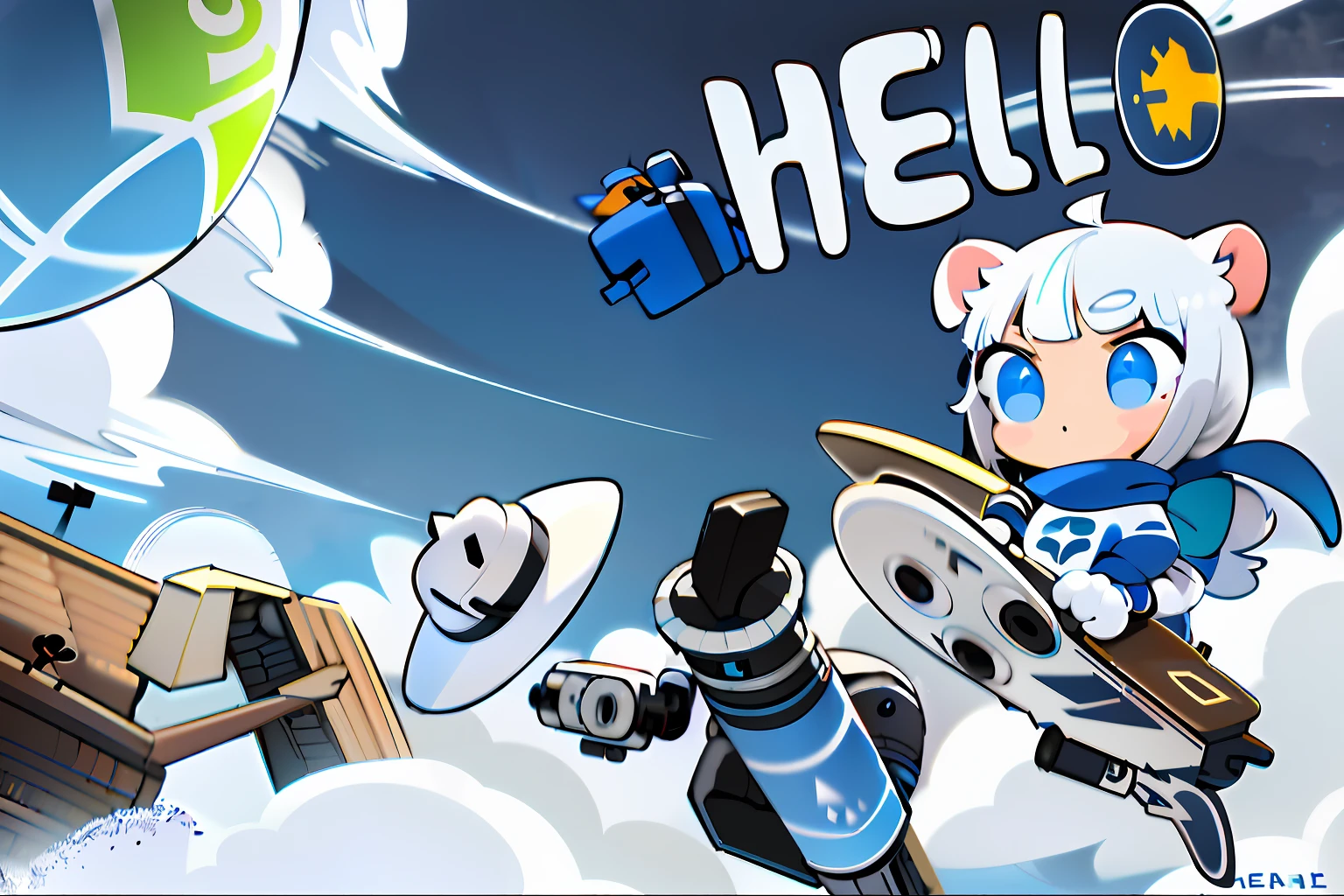 Happy little white bear stepping on aerodynamic flying skateboard, skateboard with rocket engines on both sides, sense of technology, windproof goggles above the eyes, dull hair on the top of the head, products, gifts, hats gloves, thermos cup, planet in the upper left corner, background design texture, clouds below, HD stickers are meticulous, illustrations