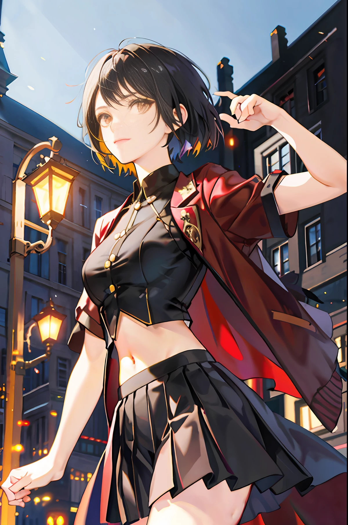 cute young Woman, short black Hair, Brown Eyes, Empress,pleated skirt suit,street lamps,neons,bustling street background,(navel:1.1,princess eyes), Nobility, Royalty, High Quality, Masterpiece, Highly Detailed
