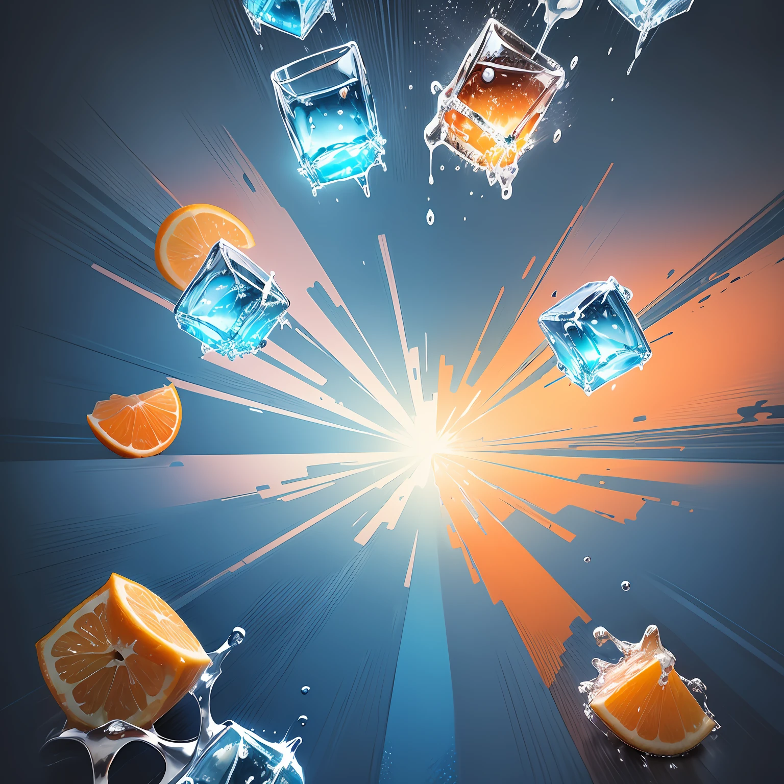 Cool poster (blue cool background, ice cubes fly up as the focus (orange juice, cola, sprite passion collision) as the aid), size 16:9, HD --auto --s2