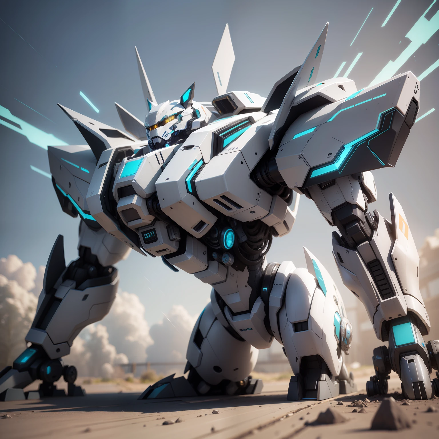 Mecha cat, metallic texture, detailed scene, digital artist, looks realistic, depicted as 3 D rendering, white and cyan color scheme --auto --s2