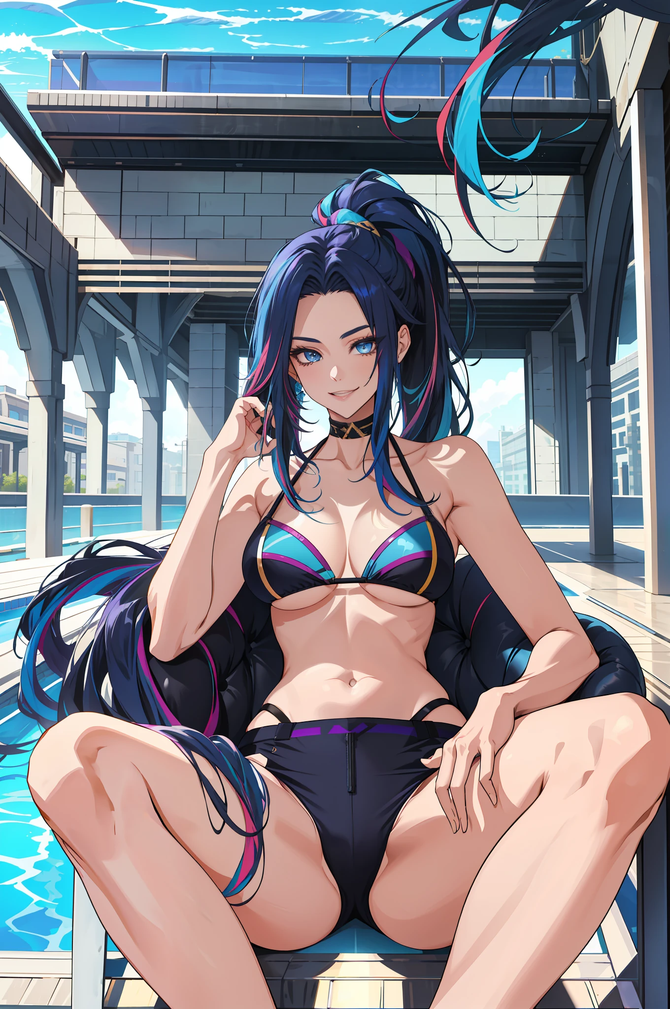 masterpiece, best quality, highres, Kai'sa1, 1girl, solo, Black-Blue hair, k/da \(league of legends\), long hair, multicolored hair, ponytail, blue eyes, two-tone hair, large breasts, poolside, micro bikini, smile, sitting, spreading legs wide, sexy pose