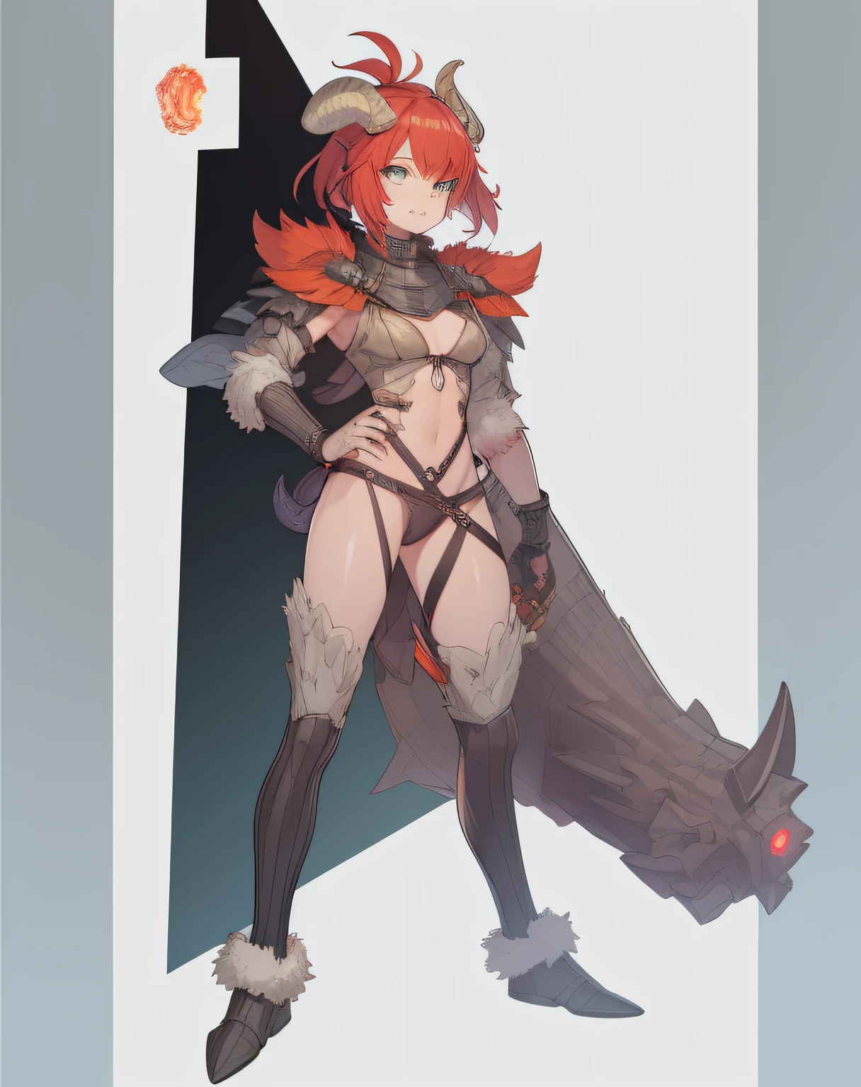 Fire horns, cyberpunk, armor in the style of Horizon Zero Dawn, Red-haired girl, fiery, green eyes, pigtails, a wreath of fire horns on her head, barbarian, a huge techno cannon in her hands, a huntress, bones on the body, insect plates, chitin, fur, small bones, light bones and red fur on the shoulders, dark leather stockings made of strips of cut leather on the legs, ropes and light bones on the body, thin panties, a small bra made of bones, bright red hair, jewelry made of horns, a fur gun. Instead of underpants, rope, bones and chitin, fur shoulder pads and with chitin, a tail of hair on the back of the head, a short haircut, a bionic cannon in the form of the mouth of a wolf, shark, dragon look up. The girl has green eyes, a playful look, a good-natured smile, a neat nose, tight panties, tight thongs, mini-underwear, leaky underwear, torn fabrics, a lot of torn fabrics, a lot of holes in fabrics, a cannon with a monster's head, a cannon barrel in the form of a monster, a flame bursts out of her mouth, a portal in a cannon. The girl has short hair, a ponytail at the back is short and looks up, fur shoulder pads, a jacket on the shoulders, a torn bra, the pubis is open, diagonal straps all over the body, powerful energy escapes from the open toothy mouth of a cannon, a bird's skull on a girl's belly, tattoos, vertebrae on the edges of stockings, cyberpunk, ethnic style of clothing, vintage clothes, worn, prehistoric style, prehistoric jacket, elbow pads made of insects, chitinous cannon, bionic cannon, torn jacket sleeves, chitinous plates on the jacket, flame flashes, cyberpunk, the whole cyberpunk style, a lot of technology, technologies of the future, futurism, science fiction, fantasy, wildness, sexuality, emphasized eroticism, cold lighting, flames from everywhere, a lot of fire, bones on the shoulders, small details on the shoulders, a skull on the belt, the girl has curly hair, tattoos on her face, maximum nudity, diagonals, caveman, prehistoric image,