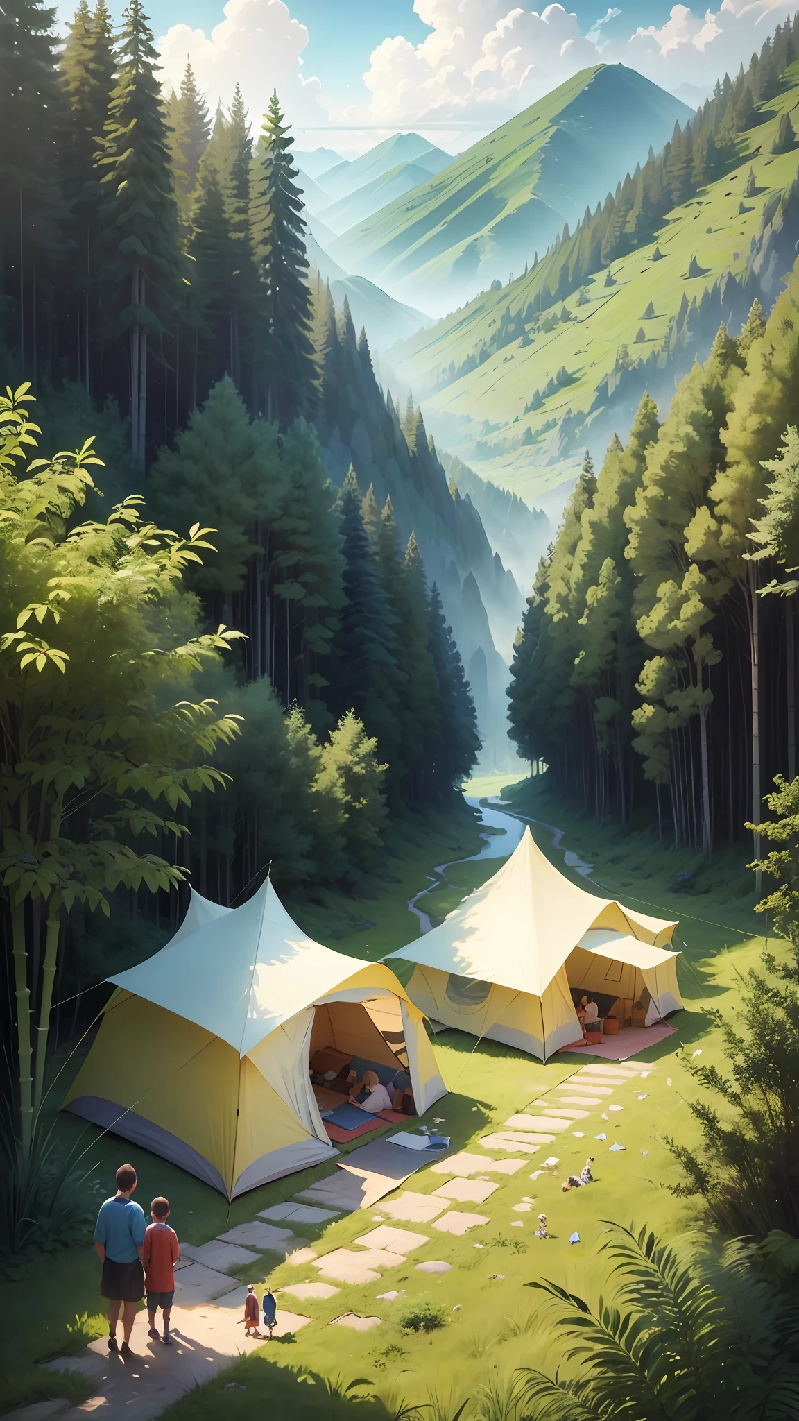 Excellent, super detailed, illustration, there is a family next to the tent, the tent is located in the lower right corner of the picture, there is a bamboo forest, grassland, wide angle, far away, overhead shot --auto --s2