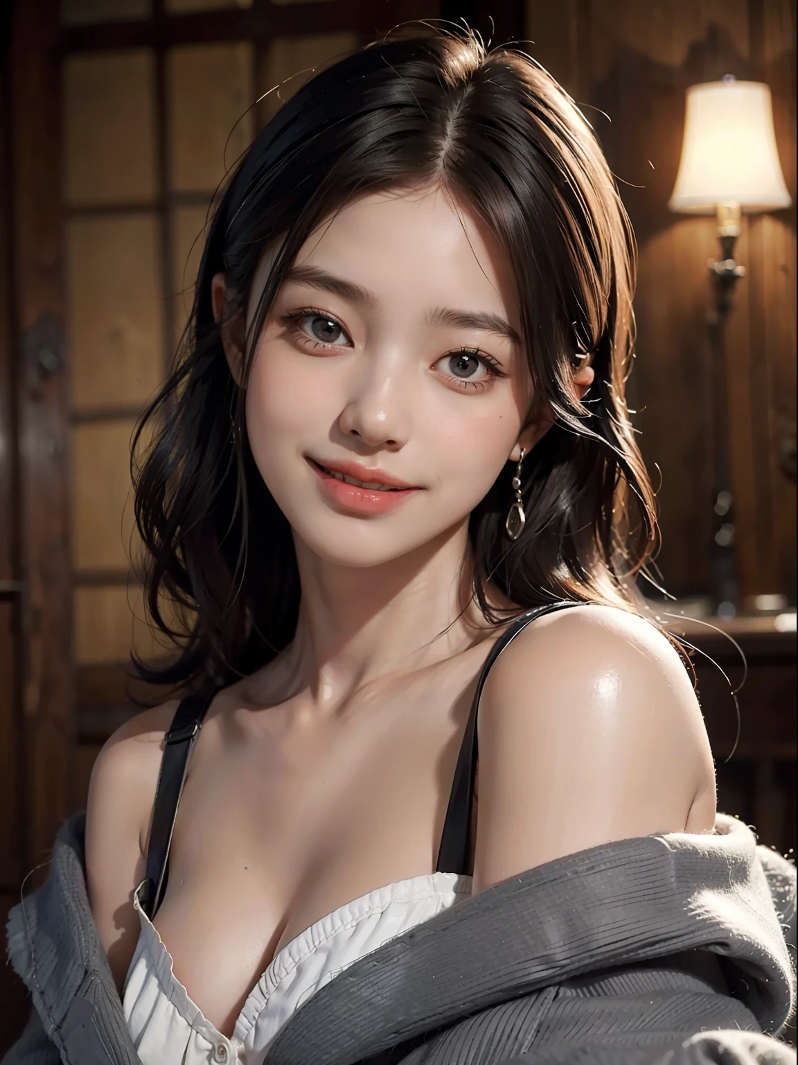 1 girl, heavy shoulders, light smile, shiny skin Best quality, masterpiece, (realistic: 1.4)