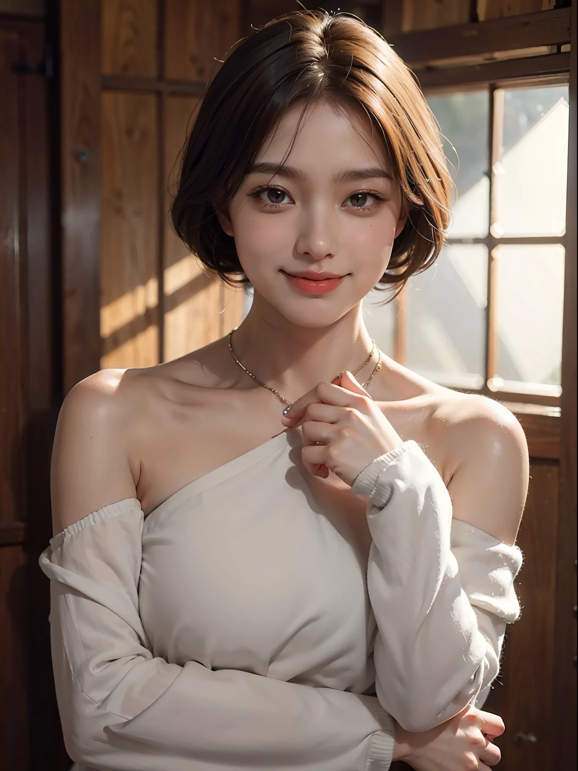 1 girl, heavy shoulders, light smile, shiny skin Best quality, masterpiece, (realistic: 1.4)