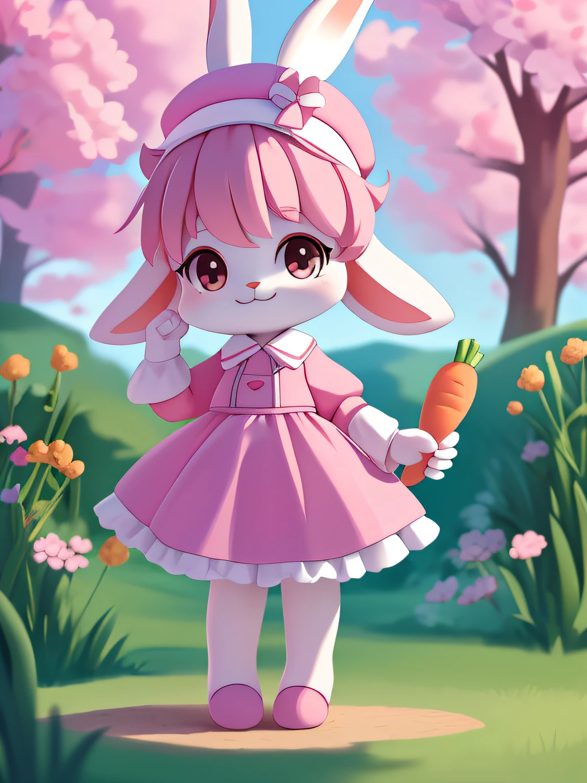 (masterpiece),(best quality),(ultra-detailed), (full body:1.2), a little white rabbit, cartoon, standing upright, pink beret, pink shirt, holding a carrot, outdoors, smiling, with one ear up and one ear down, fluffy, full body