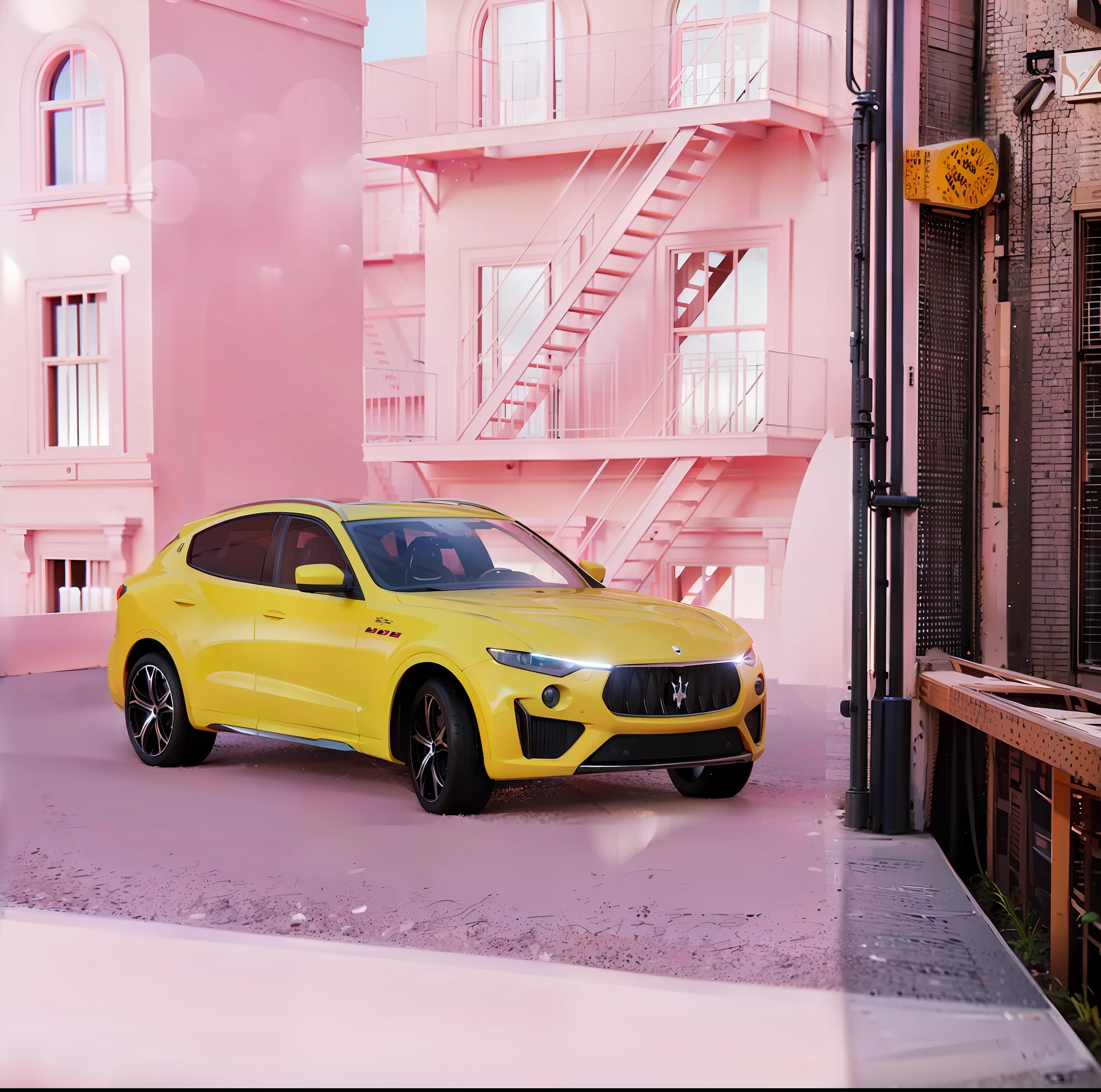 arafed yellow car parked in front of a pink building, hyper realistic”, hyper realistic ”, hyperrealistic”, hyperrealistic ”, photorealistic”, “hyper realistic, photorealistic ”, a hyper realistic, hyper-realistic, hyper - realistic, hyper real render, 🪔 🎨;🌞🌄, ultra realistic”, ultra realistic ”, hyper realistic detailed render, clemens ascher