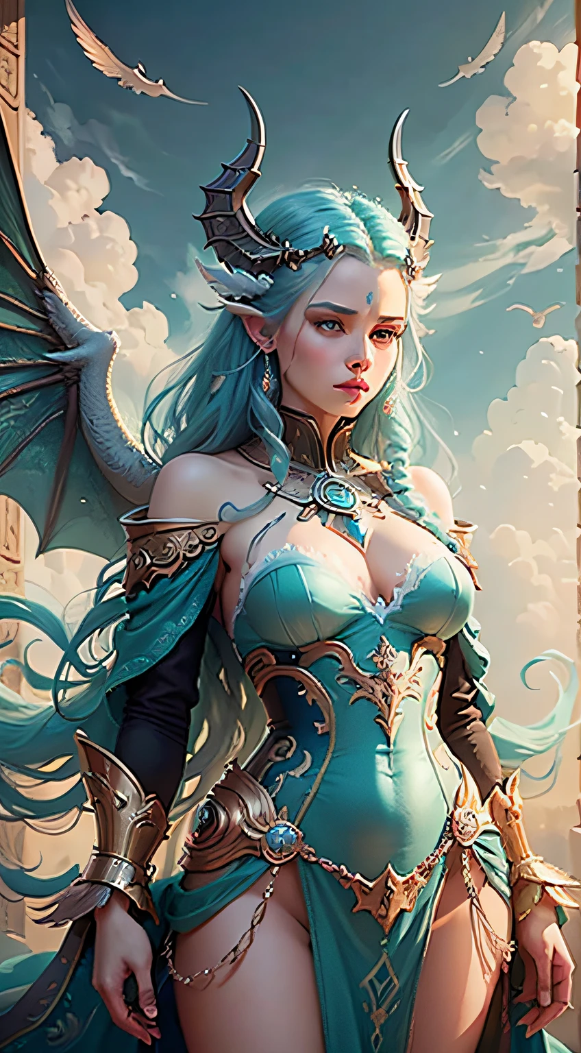 Turquoise five-clawed golden dragon with magical dragon horns, standing above the clouds, eyes full of divine majesty, 8K high quality detail art, beautiful fantasy queen, beautiful angel, 4K highly detailed digital art, (((beautiful fantasy queen)), mysterious Atlantean Valkyrie, beautiful young wind spirit, celestial goddess, James Jean soft light 4K, Yuri Schvedorf and Tom Bagshaw, beautiful digital artwork, Sylvain Sarel and Igor Mosky --auto --s2