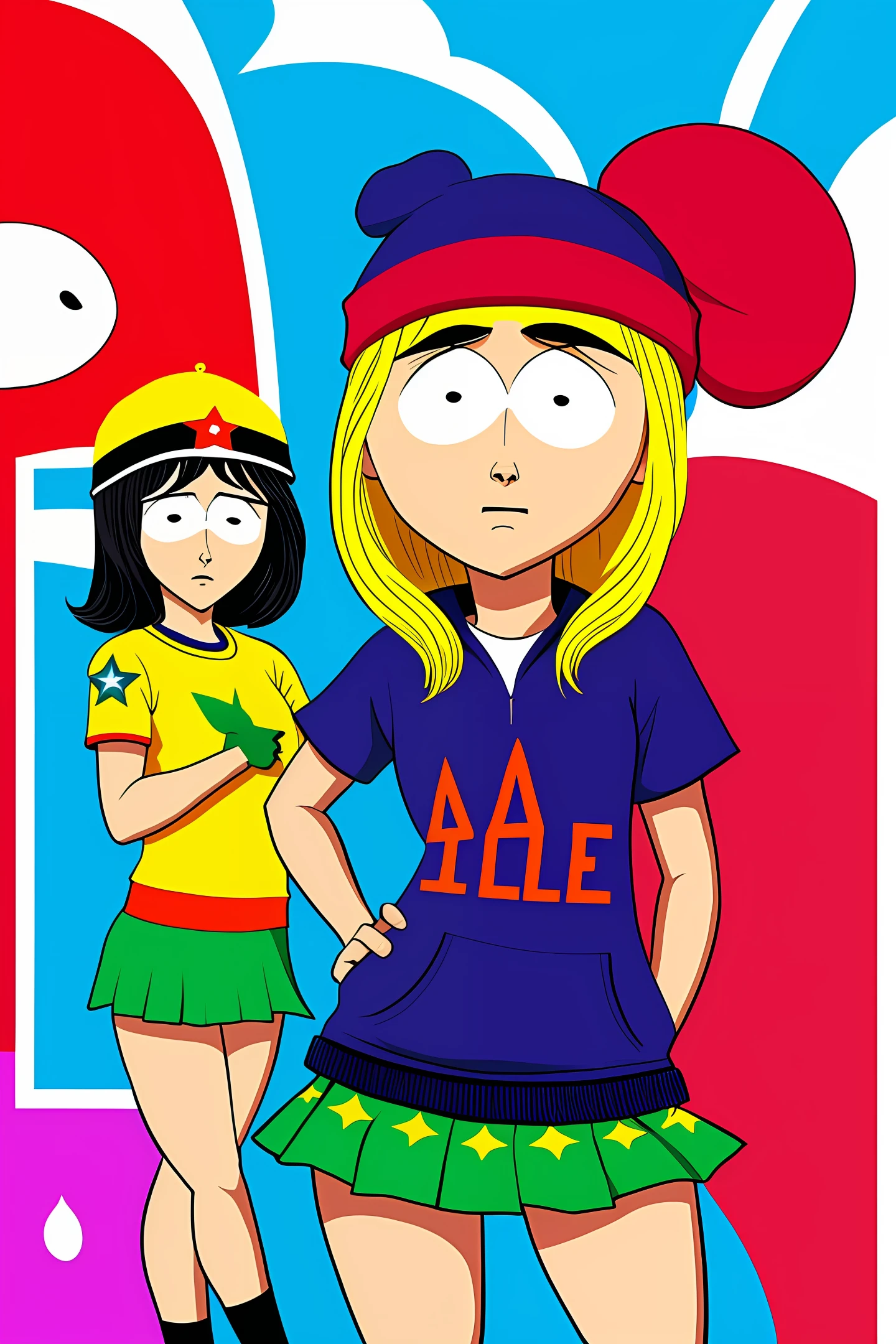 Heroes of South park as pretty girls in short skirts, high quality, hd, more details, pop art.